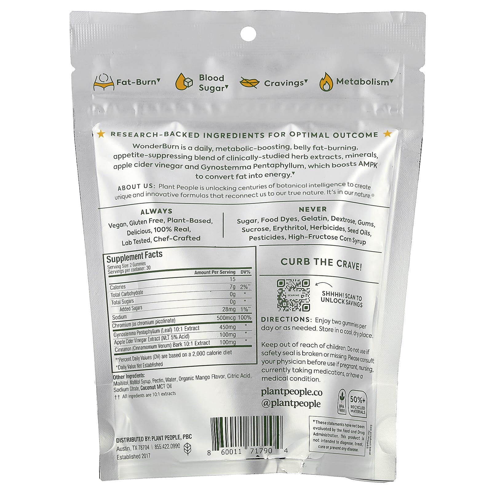 Plant People, WonderBurn®, Metabolism & Cravings Control Gummies, Ripe Mango, 60 Gummies
