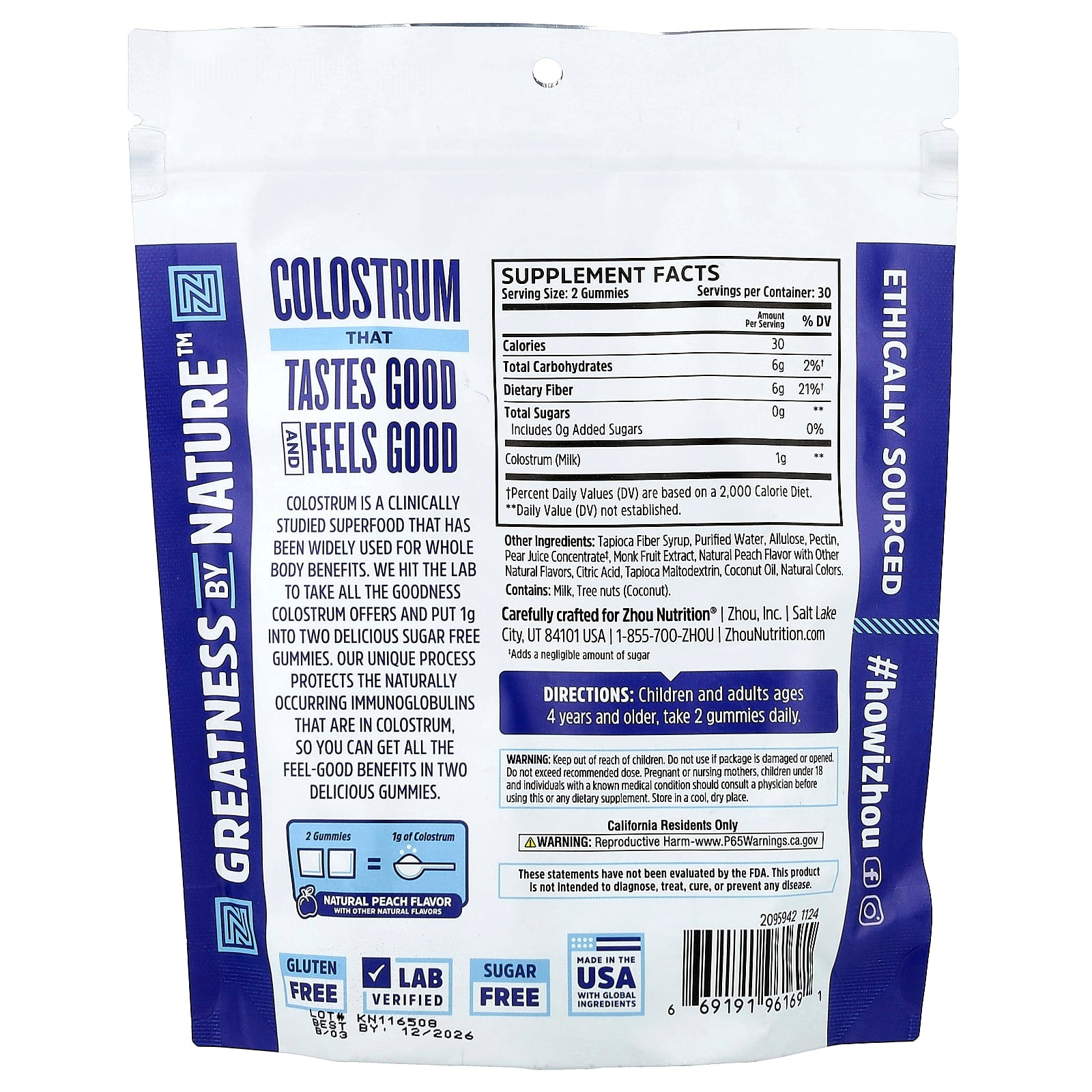 Zhou Nutrition, Colostrum Gummies, Natural Peach , 60 Gummies