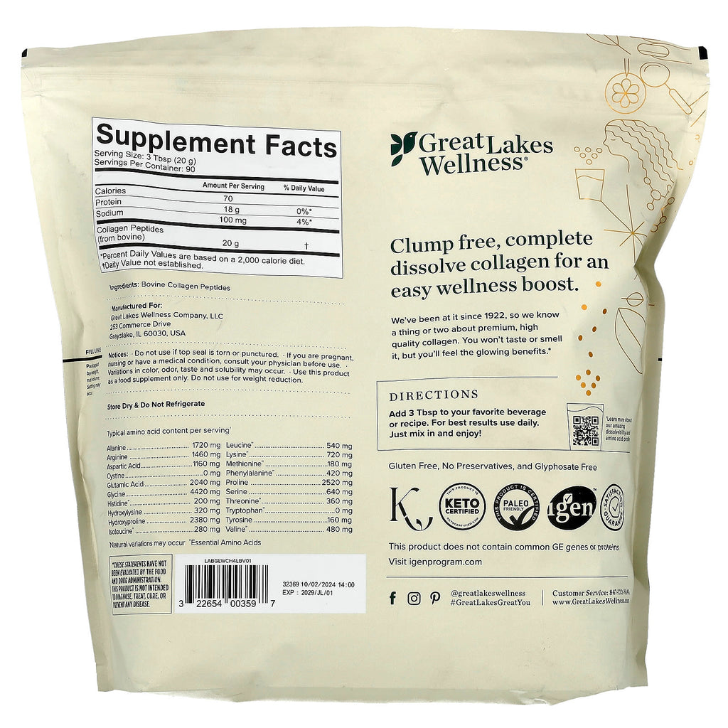Great Lakes Wellness, Grass-Fed Bovine Collagen Peptides, Unflavored, 64 oz (1.8 kg)