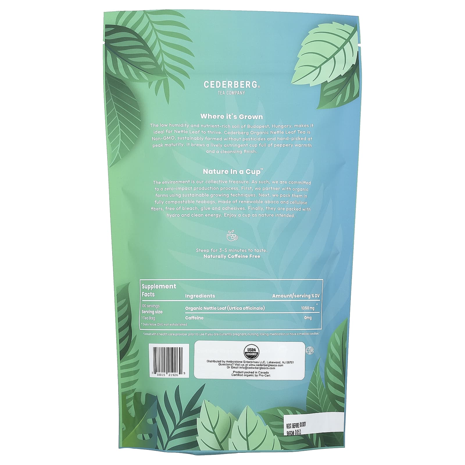 Cederberg Tea Co, Organic Nettle Leaf, Caffeine Free, 100 Natural Tea Bags, 4.76 oz (135 g)