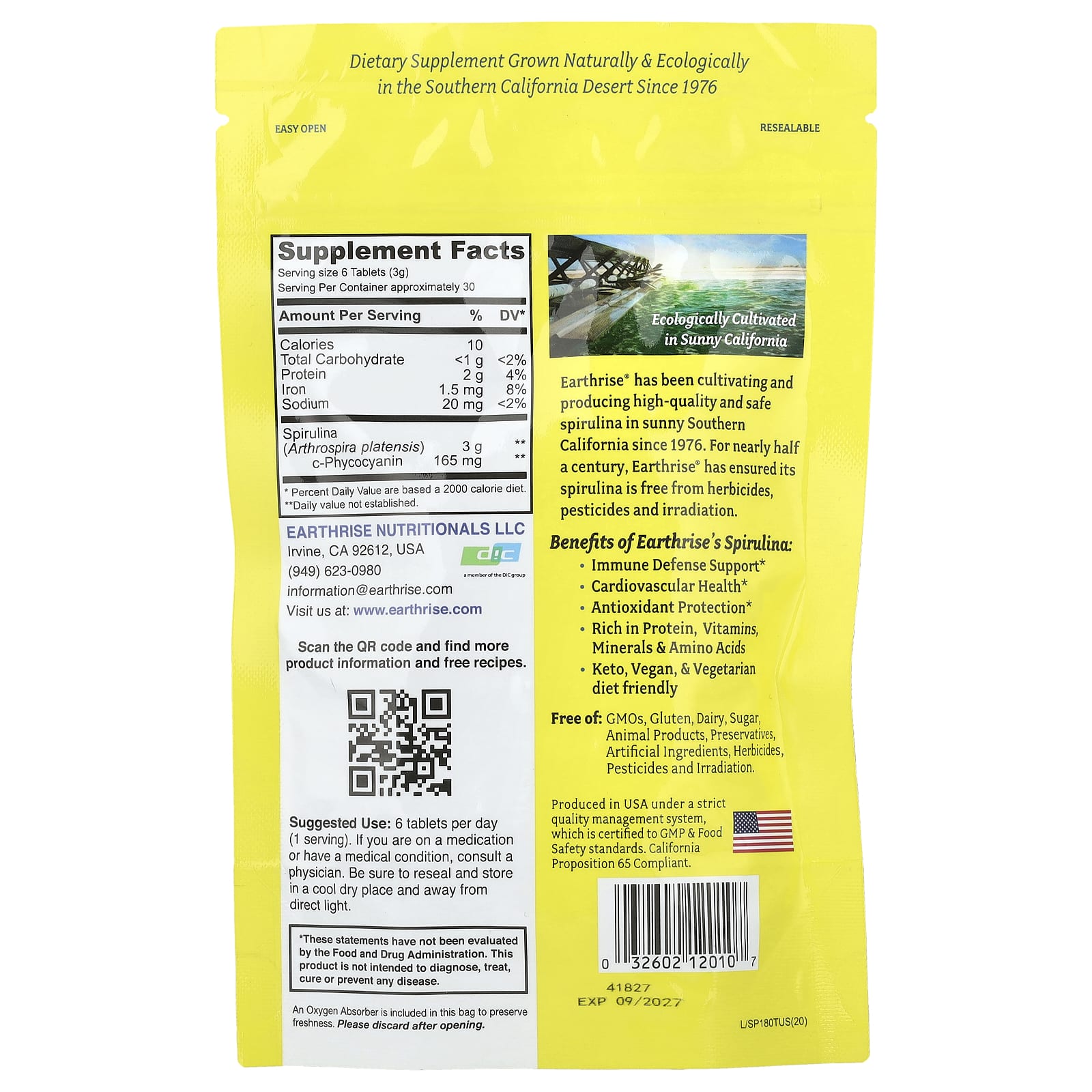 Earthrise, 100% California Grown Spirulina, 500 mg, 180 Tablets