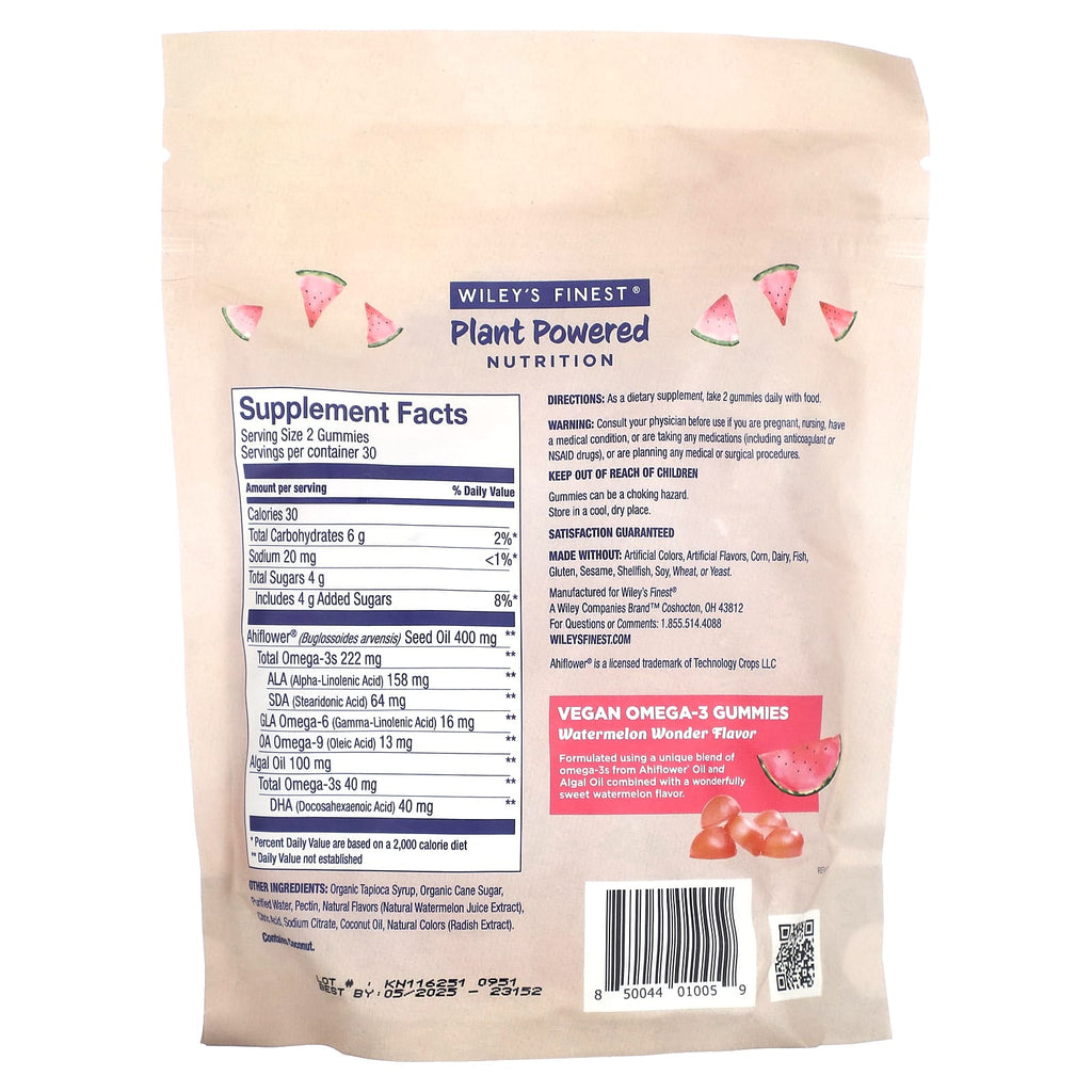 Wiley's Finest, Plant Powered Nutrition, Vegan Omega-3 Gummies, Watermelon Wonder, 60 Gummies