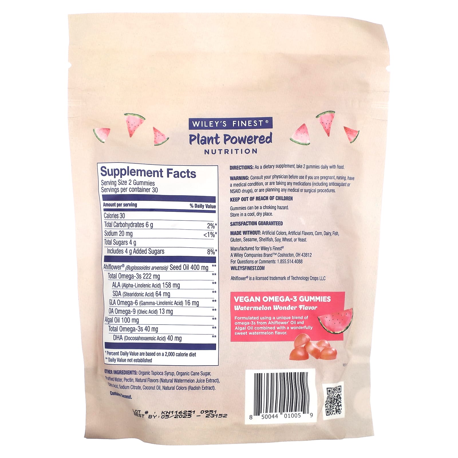Wiley's Finest, Plant Powered Nutrition, Vegan Omega-3 Gummies, Watermelon Wonder, 60 Gummies
