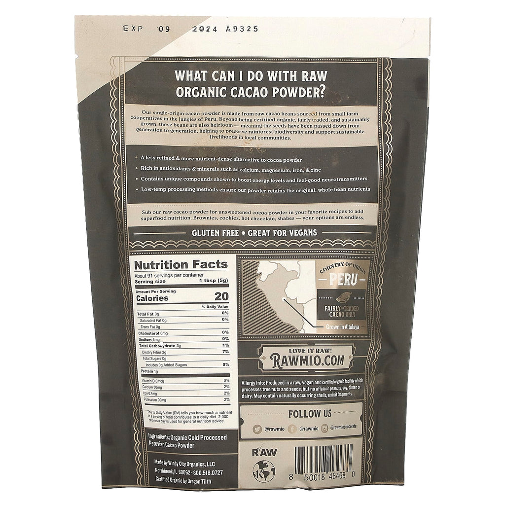 Rawmio, Raw Organic Cacao Powder, Unsweetened, 1 lb (16 oz)