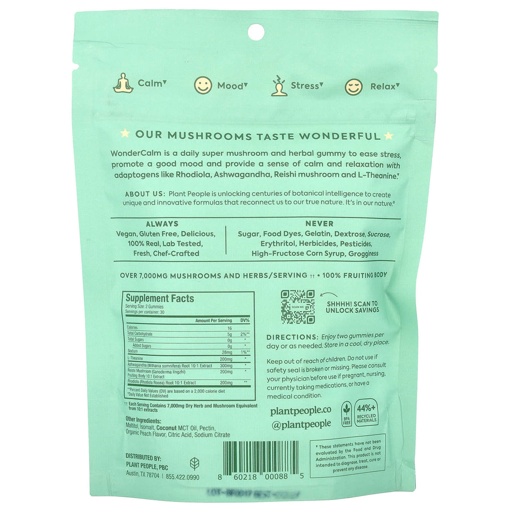 Plant People, WonderCalm®, Mushroom Gummies, Summer Peach, 60 Gummies