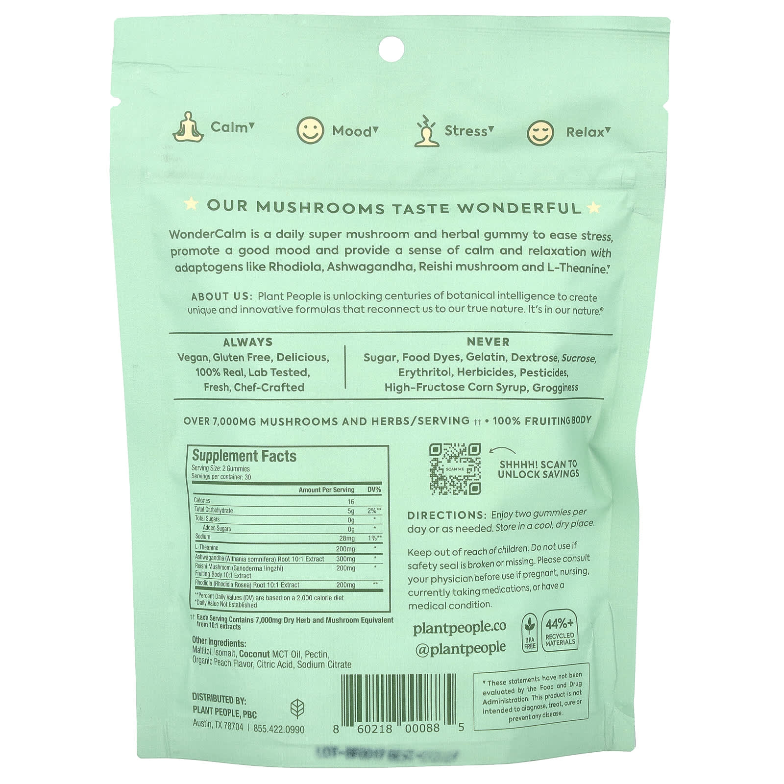 Plant People, WonderCalm®, Mushroom Gummies, Summer Peach, 60 Gummies