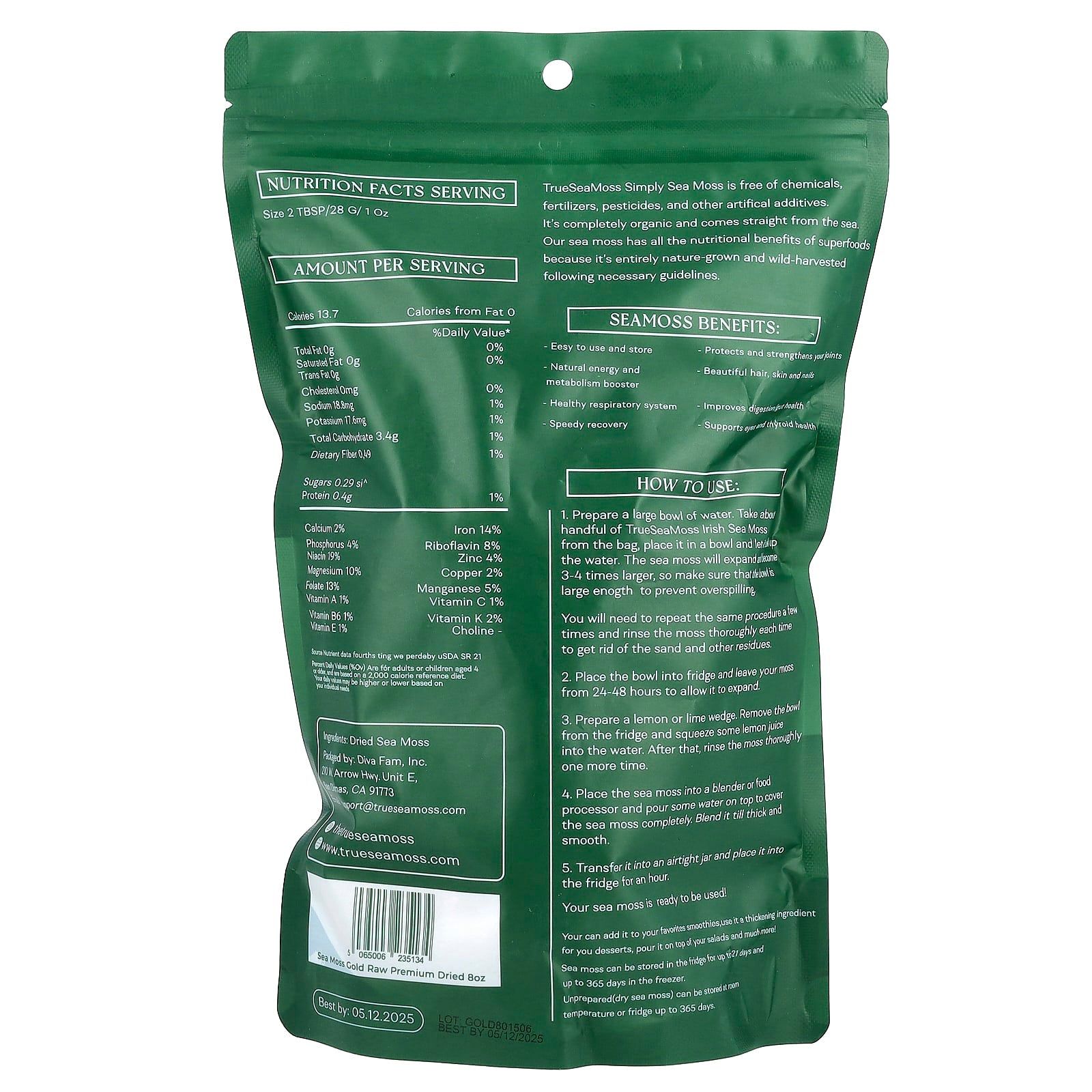 True Sea Moss, Premium Dried Gold Raw Sea Moss, 8 oz (226 g)