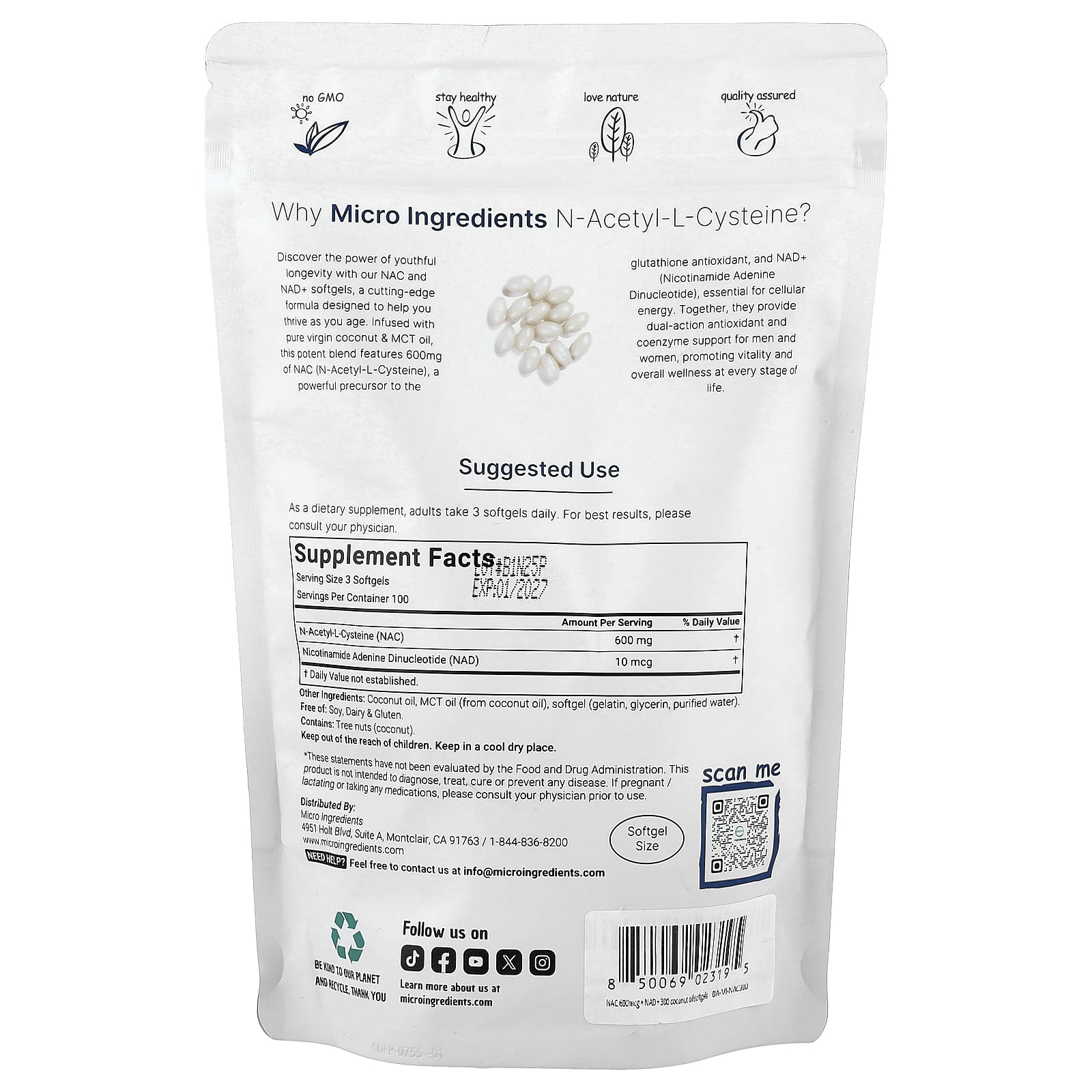 Micro Ingredients, NAC With NAD+, 300 Softgels