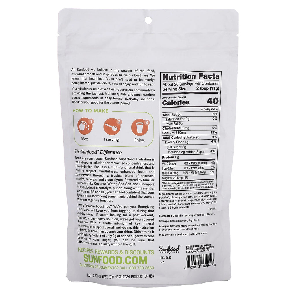 Sunfood, Superfood Hydration Focus, Pineapple Acai, 8 oz (227 g)