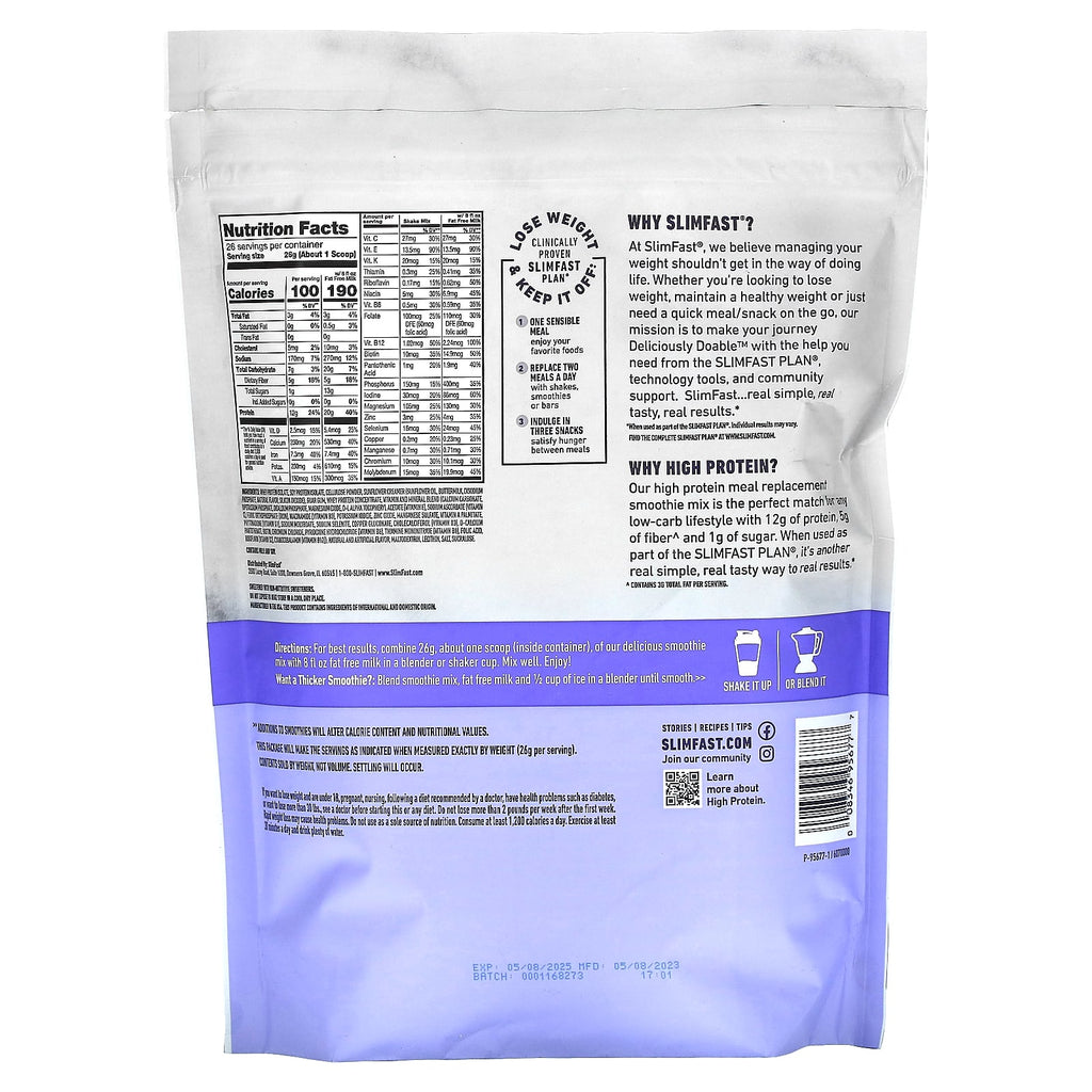 SlimFast, High Protein, Meal Replacement Smoothie Mix, Vanilla Cream, 1.49 lb (676 g)