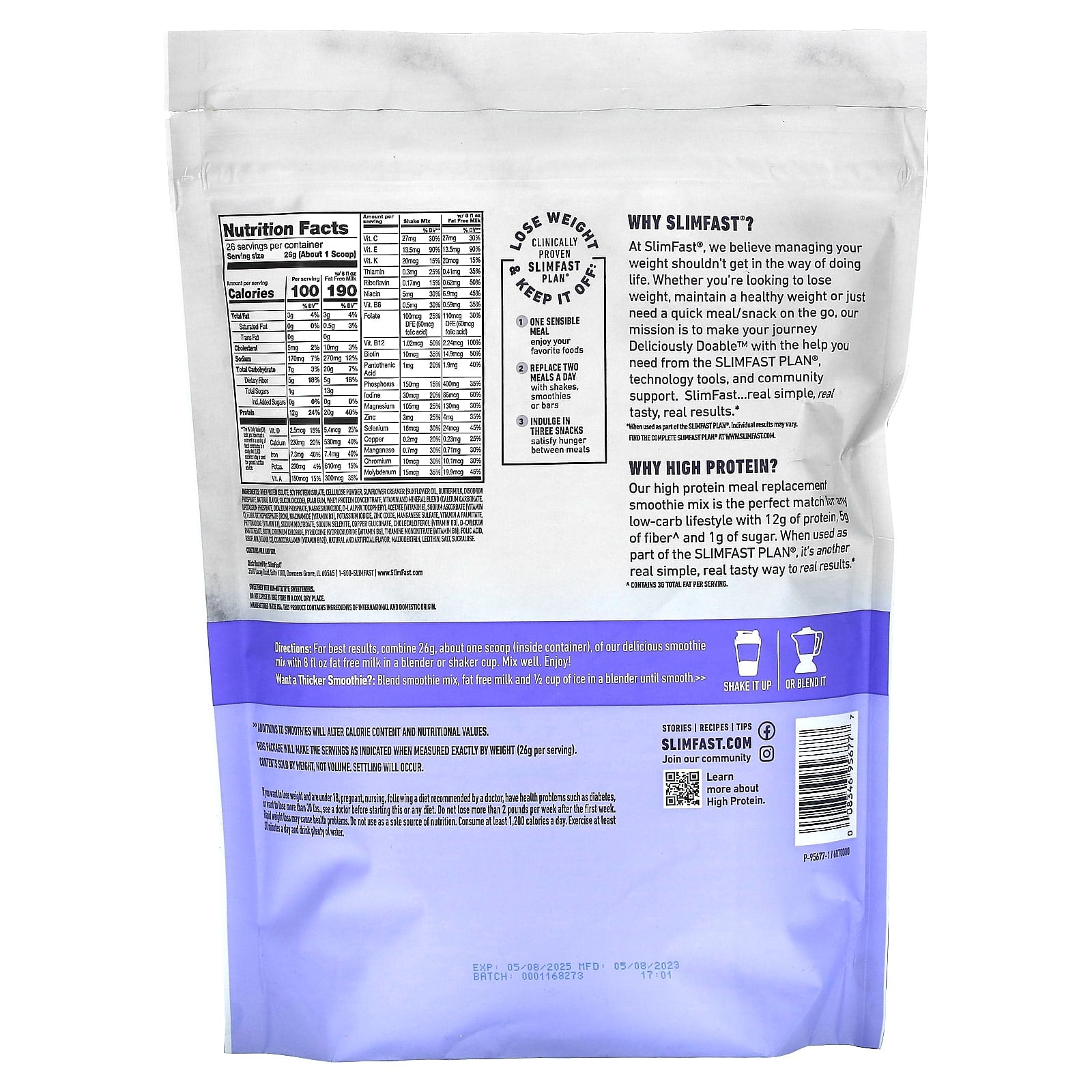 SlimFast, High Protein, Meal Replacement Smoothie Mix, Vanilla Cream, 1.49 lb (676 g)