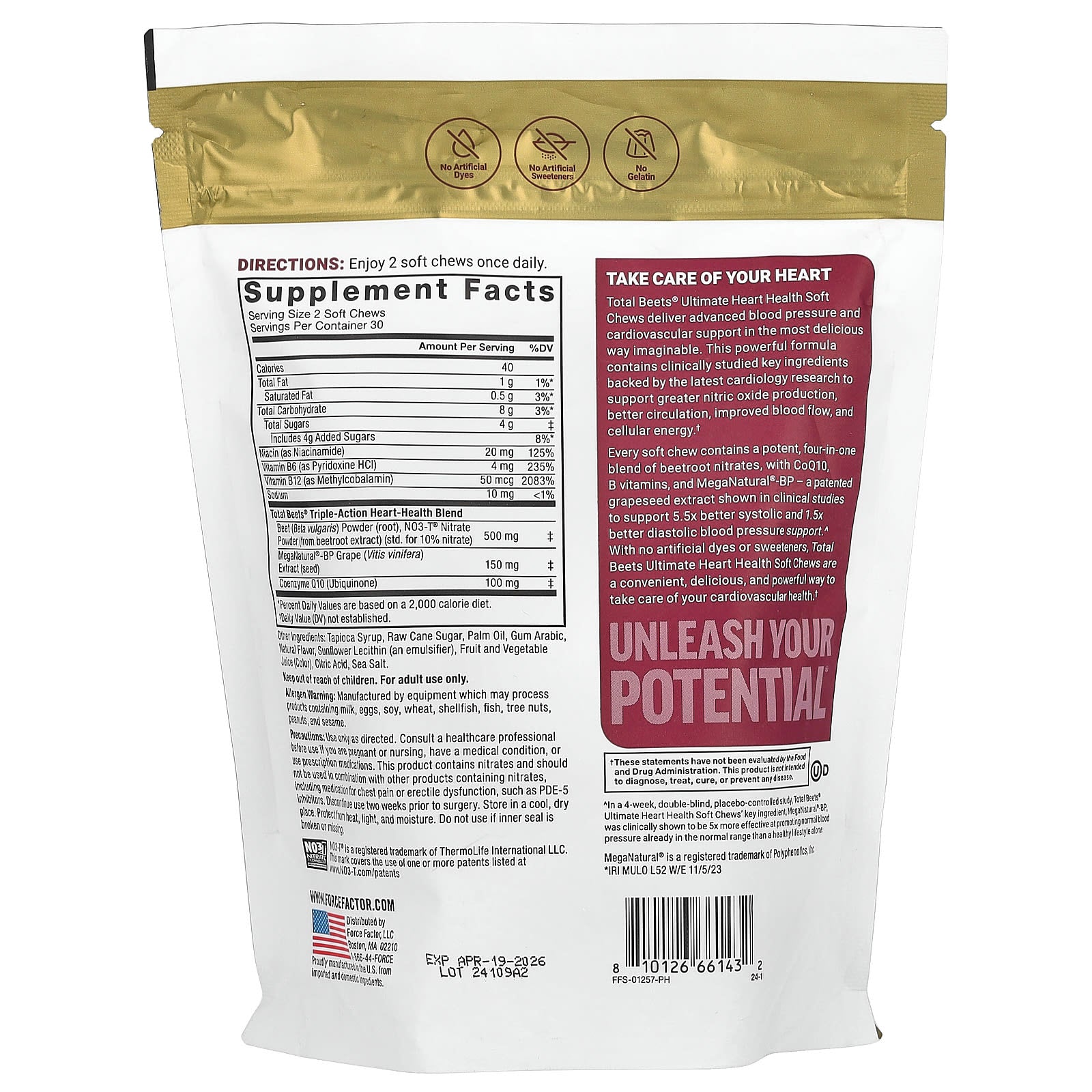 Force Factor, Total Beets® With CoQ10, Ultimate Heart Health, Pomegranate Berry, 60 Superfood Soft Chews
