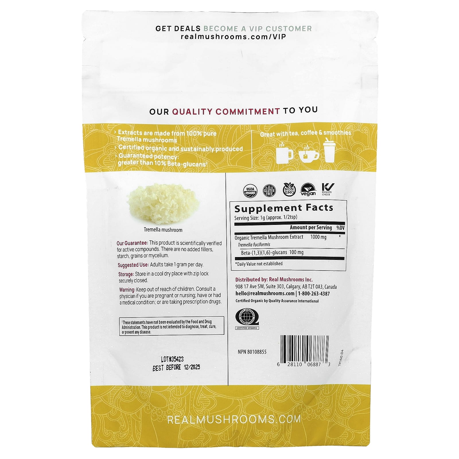 Real Mushrooms, Tremella, Organic Mushroom Extract Powder , 5.29 oz (150 g)