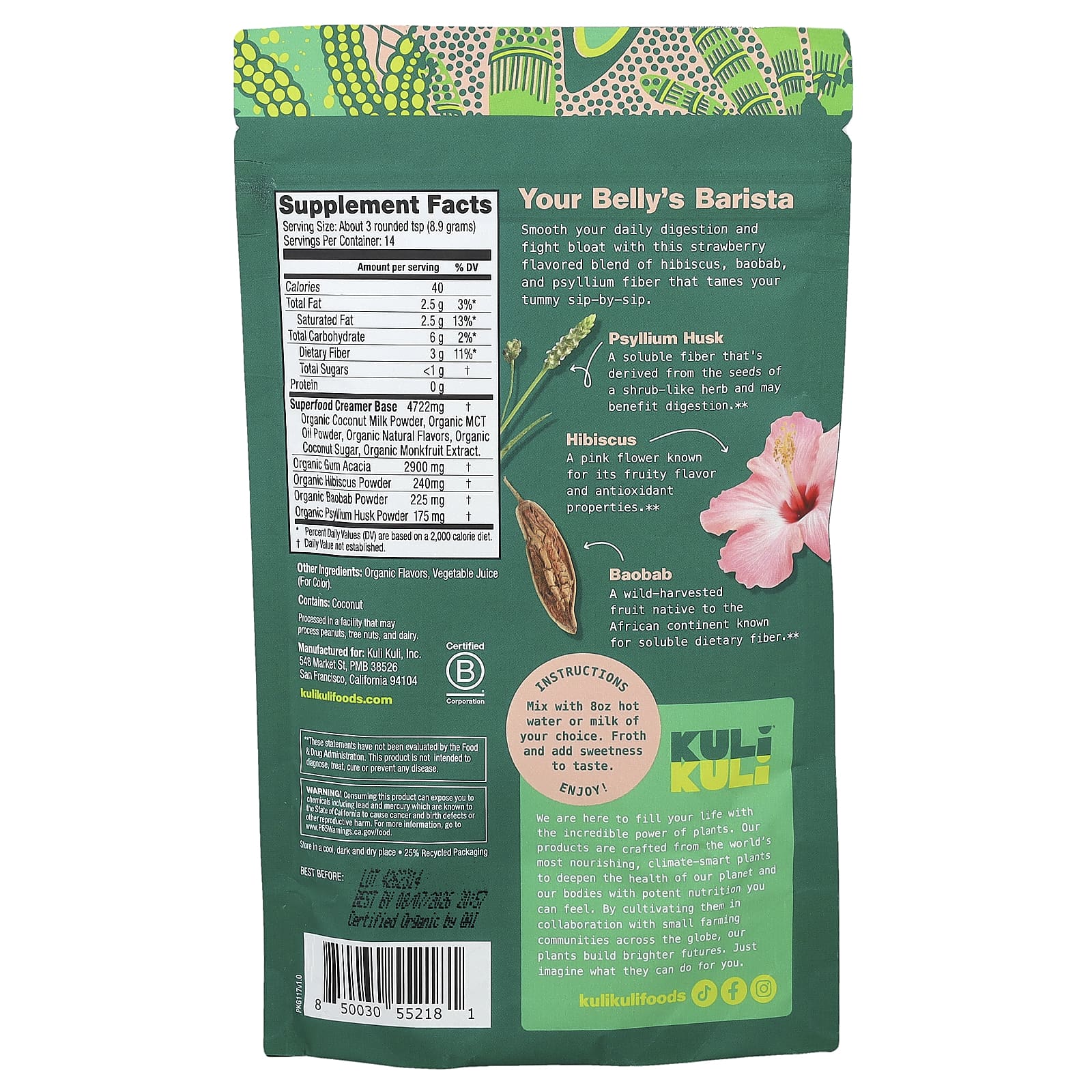 Kuli Kuli, Organic Superfood Latte, Strawberries & Creme, 4.43 oz (125.5 g)