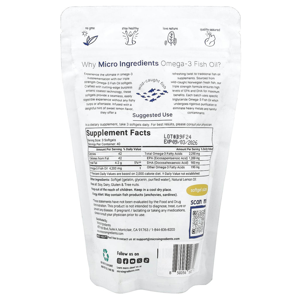 Micro Ingredients, Omega-3 Fish Oil, Triple Strength, Lemon, 120 Softgels (1,400 mg per Softgel)
