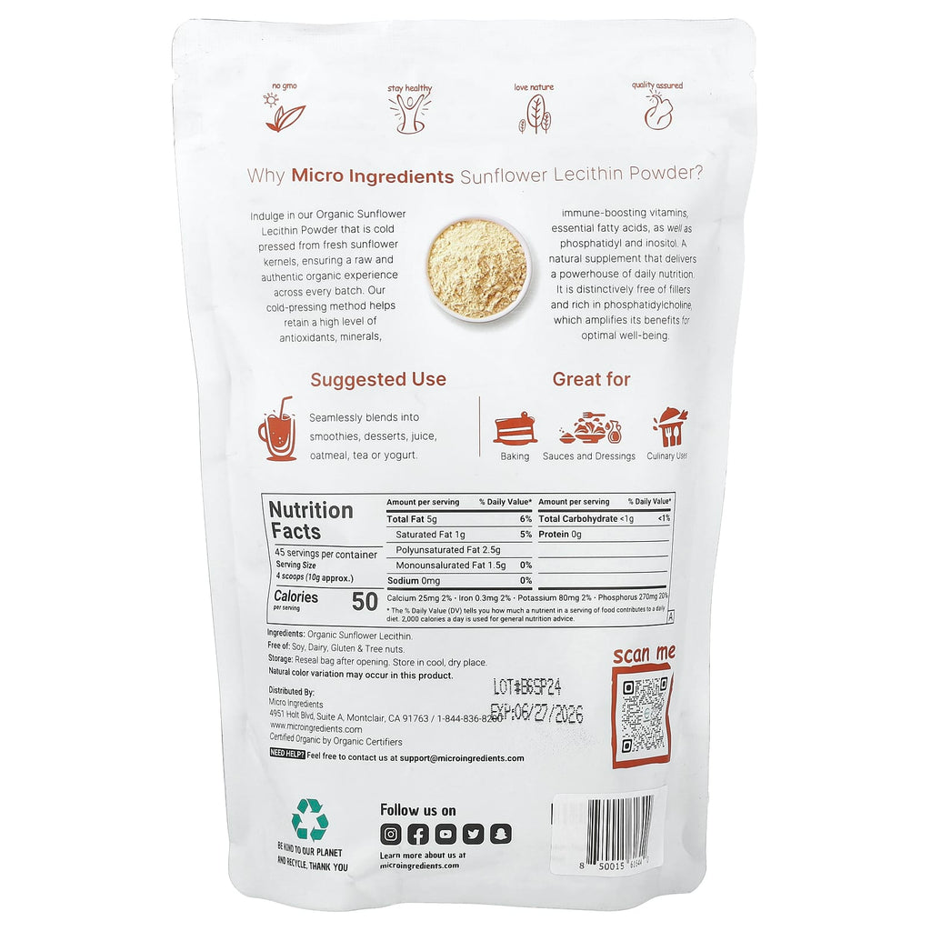 Micro Ingredients, Organic Sunflower Lecithin Powder, 1 lb (454 g)