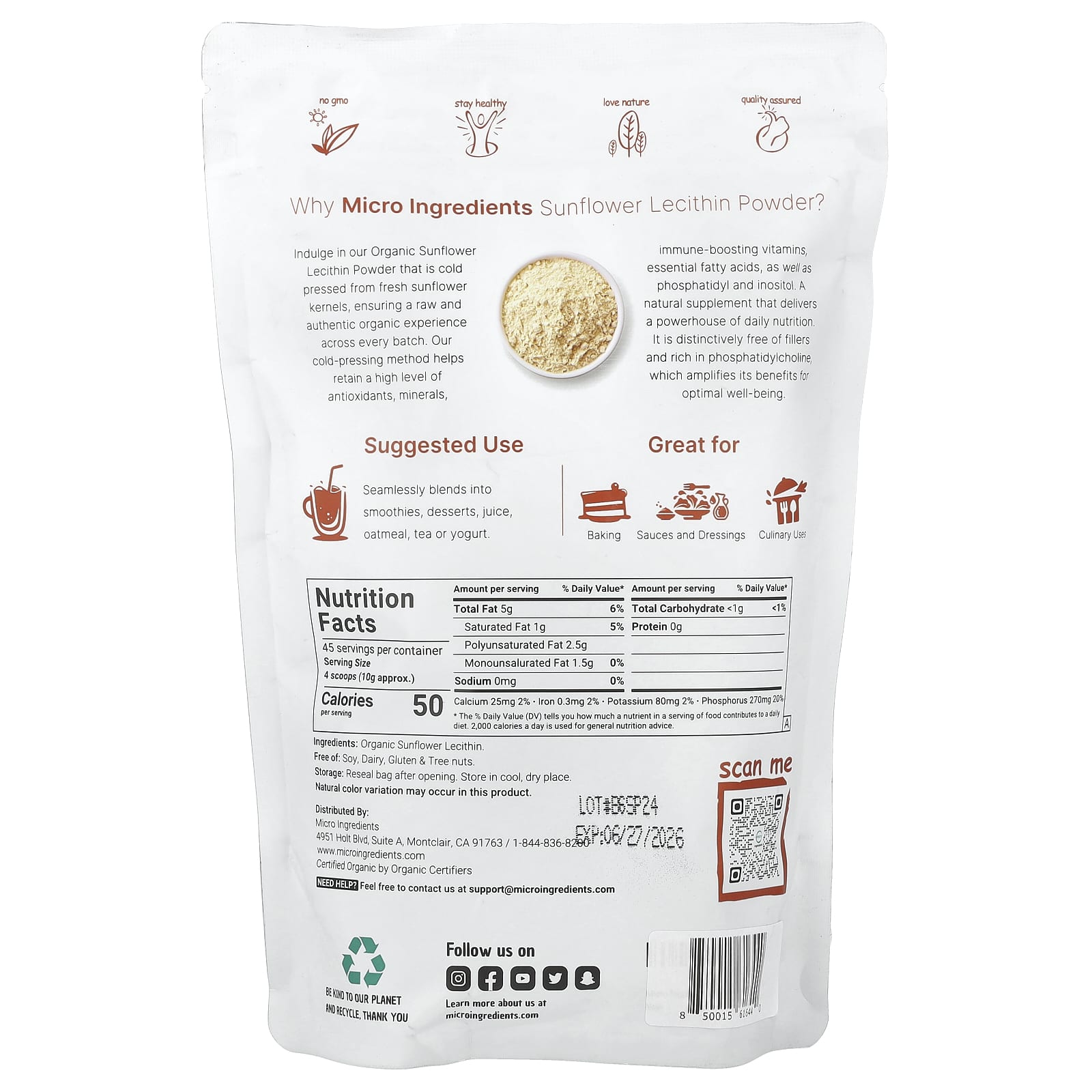 Micro Ingredients, Organic Sunflower Lecithin Powder, 1 lb (454 g)
