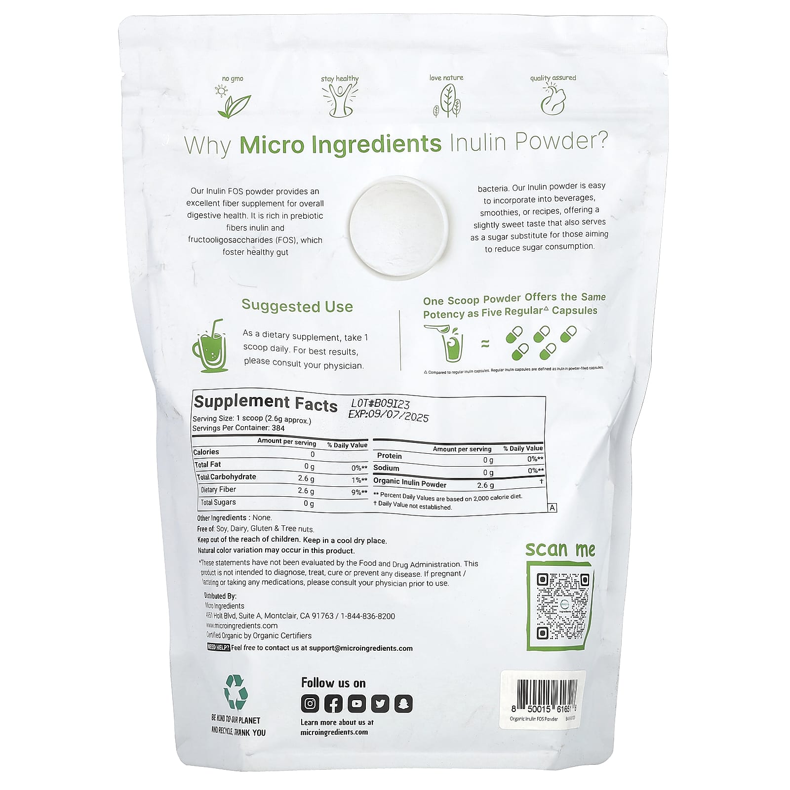 Micro Ingredients, Organic Inulin Powder, Unflavored, 2.2 lb (998 g)