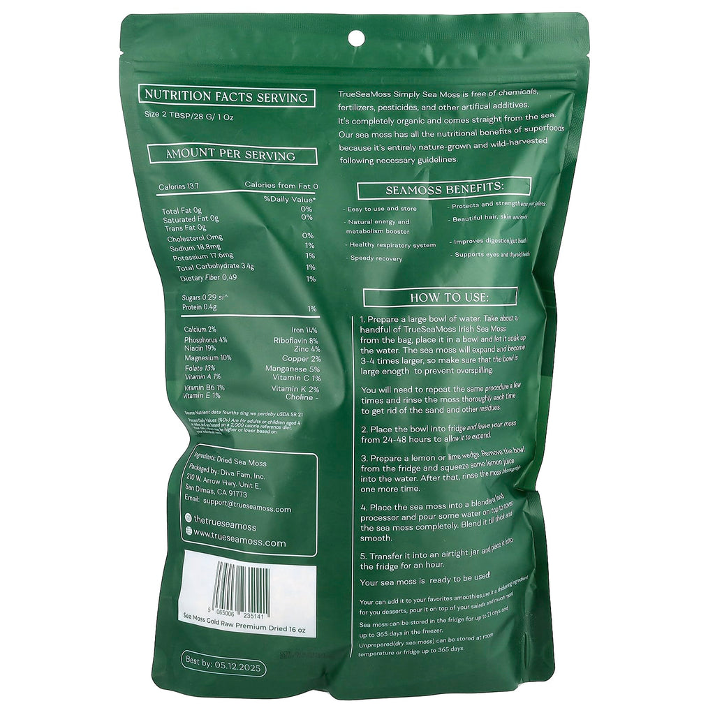 True Sea Moss, Premium Dried Gold Raw Sea Moss, 1 lb (453 g)