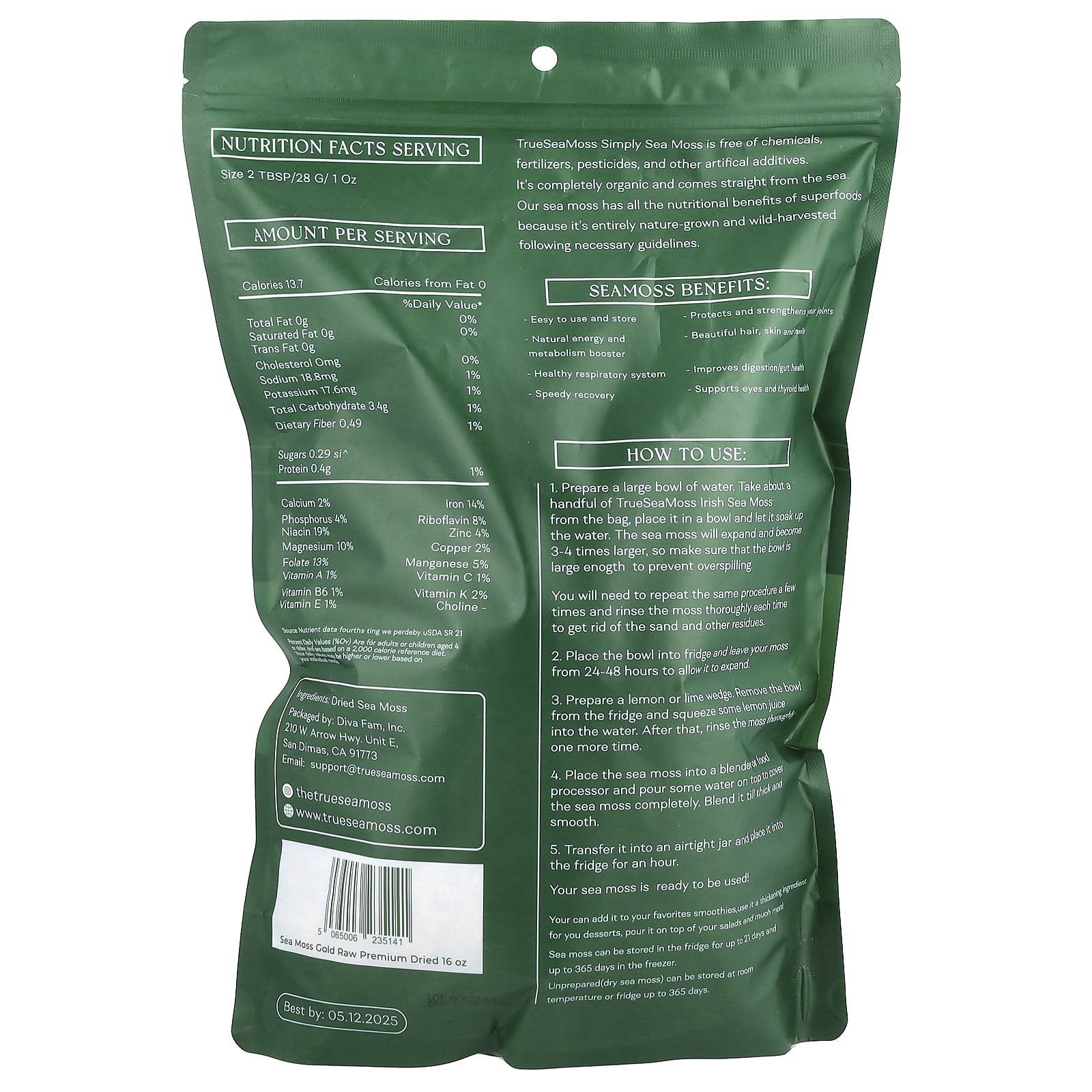 True Sea Moss, Premium Dried Gold Raw Sea Moss, 1 lb (453 g)