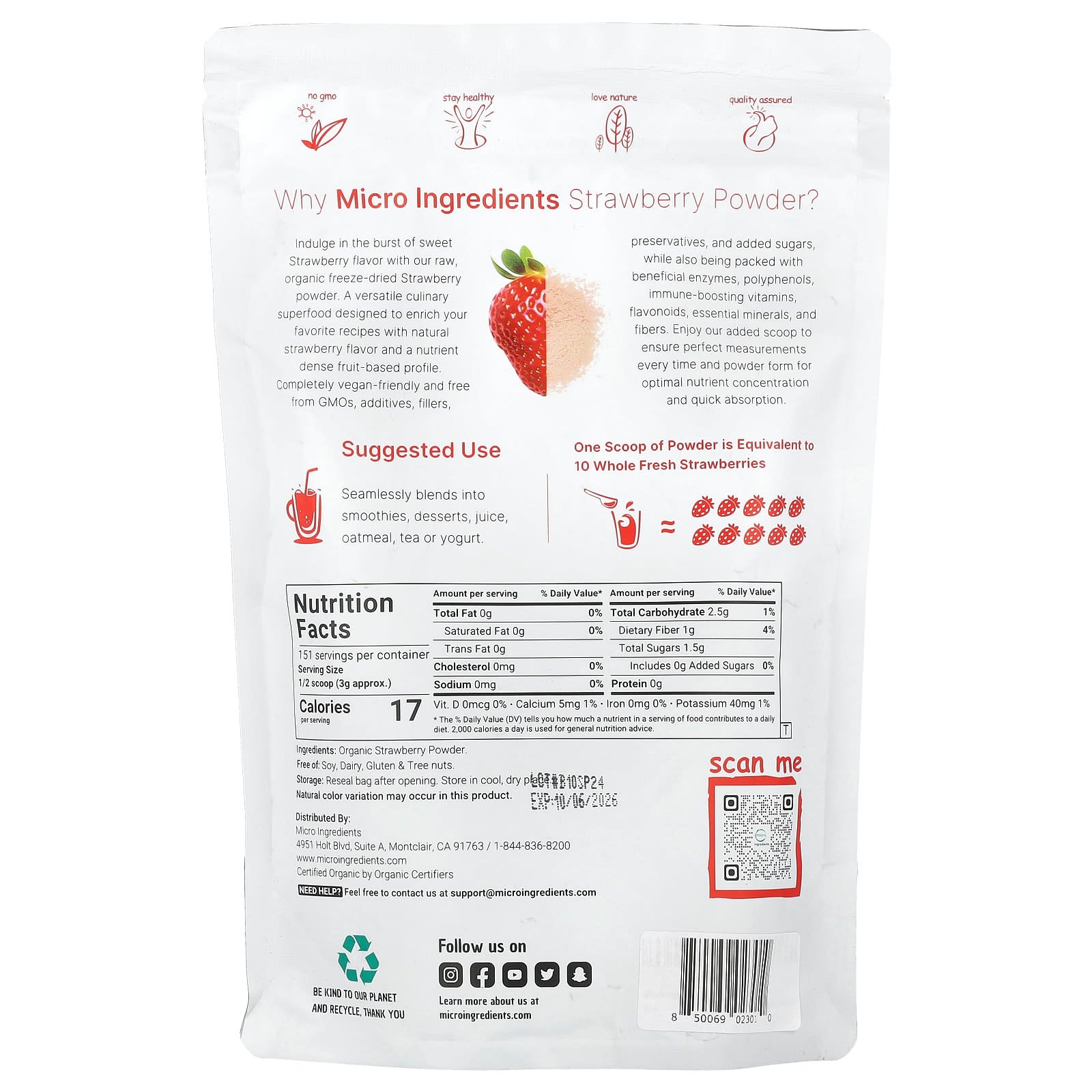 Micro Ingredients, Organic Strawberry Powder, 1 lb (454 g)
