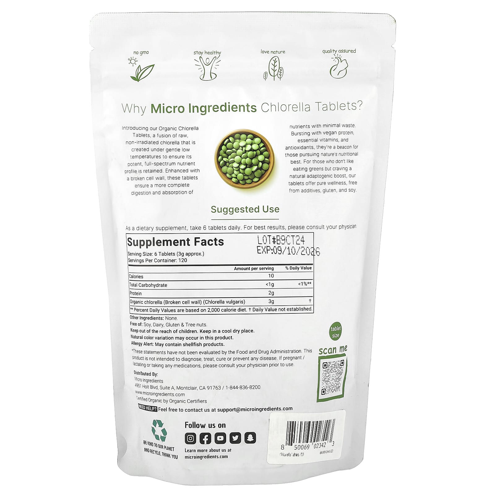 Micro Ingredients, Organic Chlorella Tablet, 720 Tablets (0.5 g per Tablet)