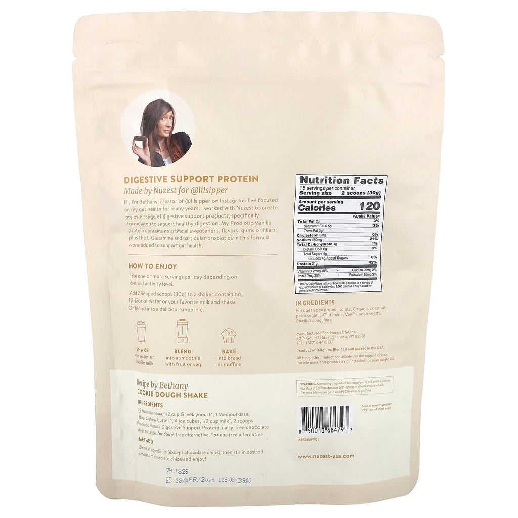 Nuzest, Digestive Support Protein™, Plant Protein Drink Mix, Probiotic Vanilla , 15.87 oz (450 g)