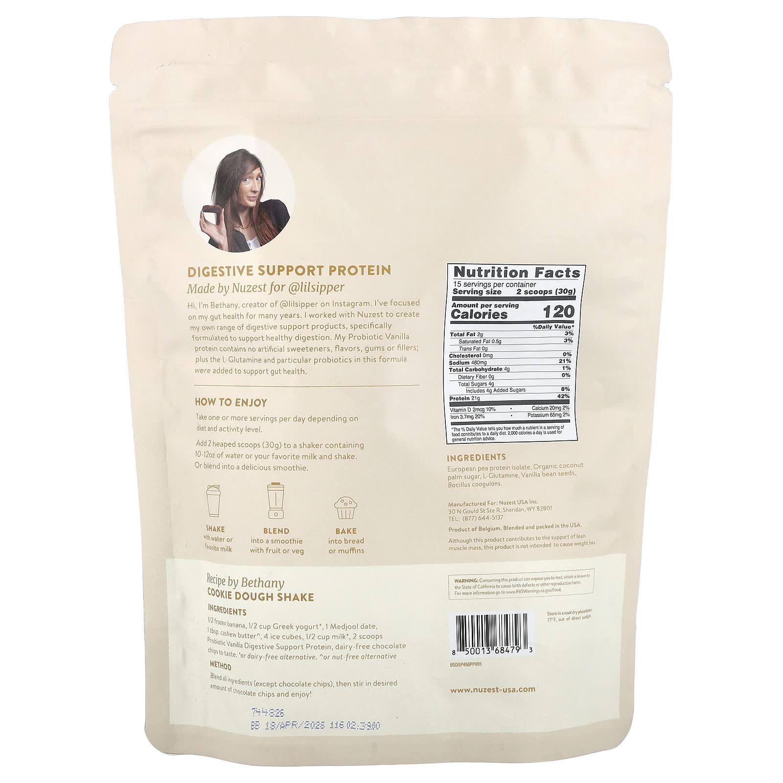 Nuzest, Digestive Support Protein™, Plant Protein Drink Mix, Probiotic Vanilla , 15.87 oz (450 g)