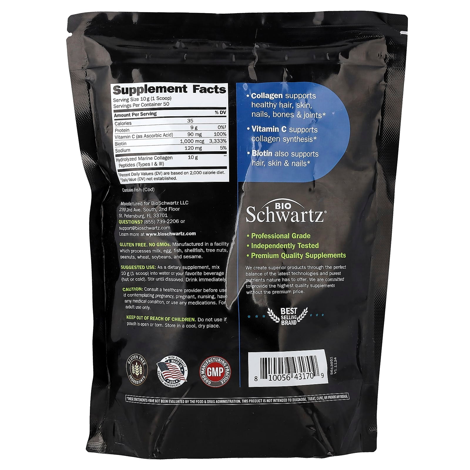 BioSchwartz, Marine Collagen Peptides Powder, Types I & III, With Biotin & Vitamin C, Unflavored, 17.6 oz (500 g)