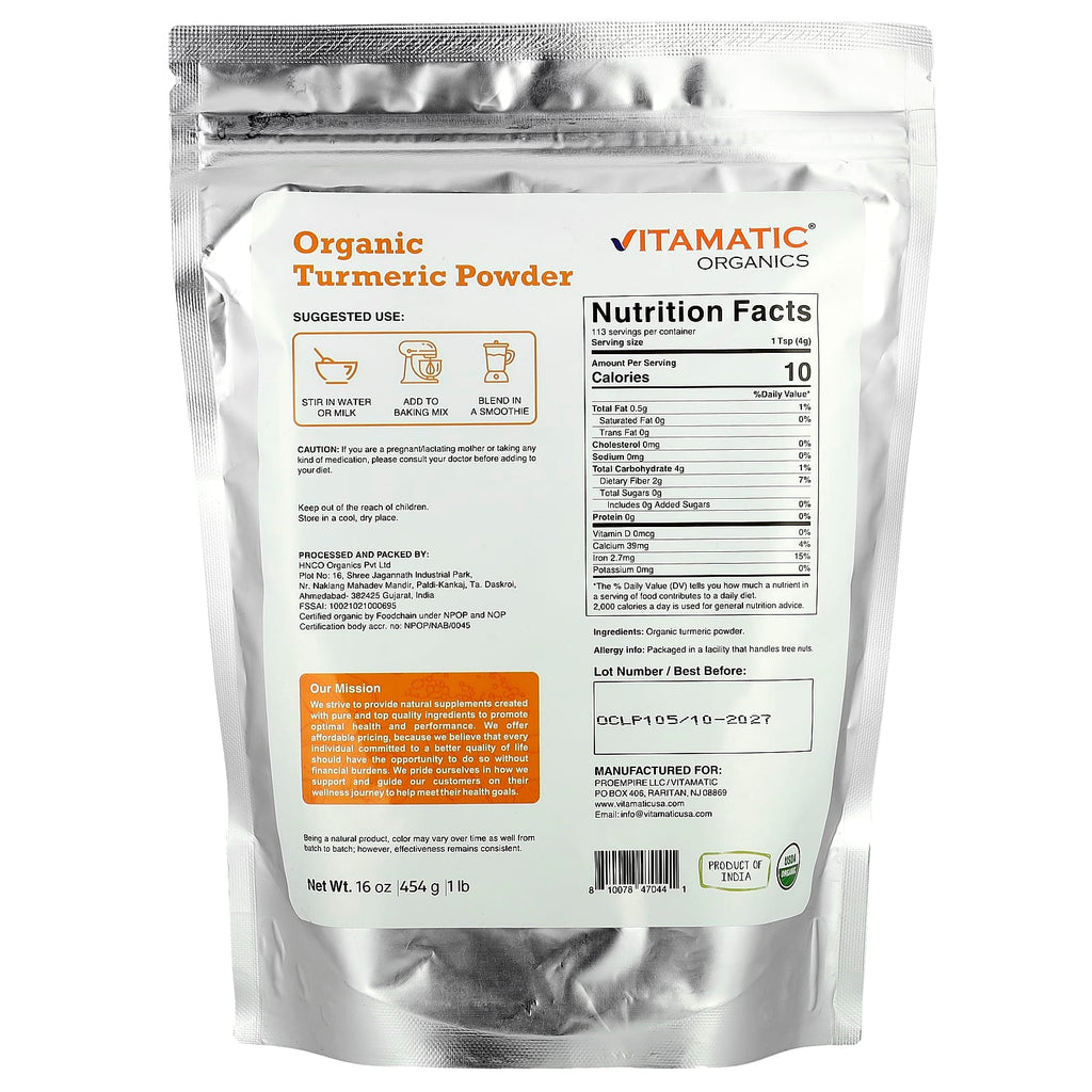 Vitamatic, Organic Turmeric Powder, 16 oz (454 g)