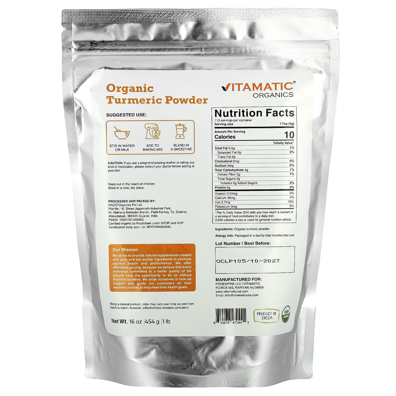 Vitamatic, Organic Turmeric Powder, 16 oz (454 g)