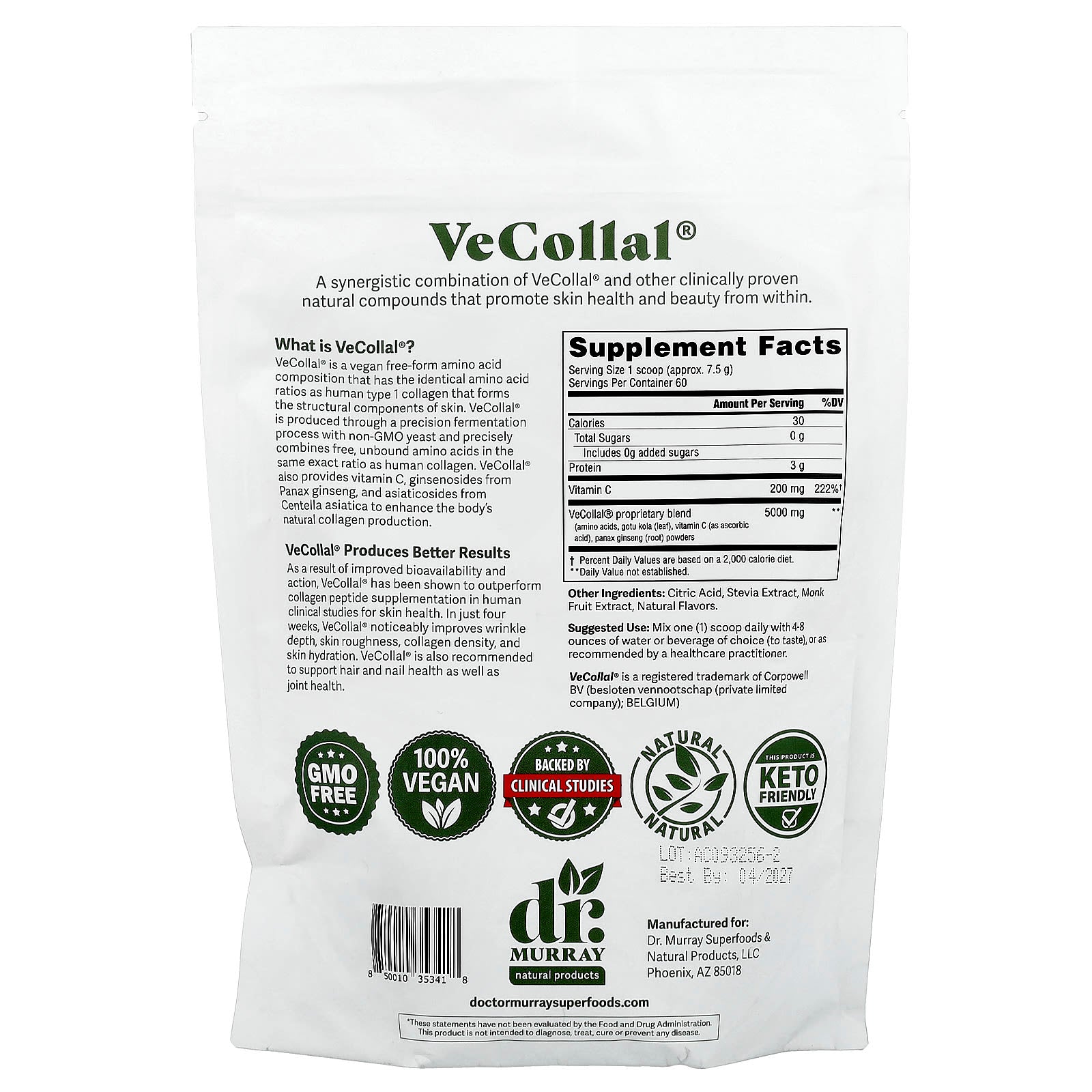 Dr. Murray's, VeCollal®, Vegan Type 1 Collagen, Strawberry Cream, 16 oz (454 g)