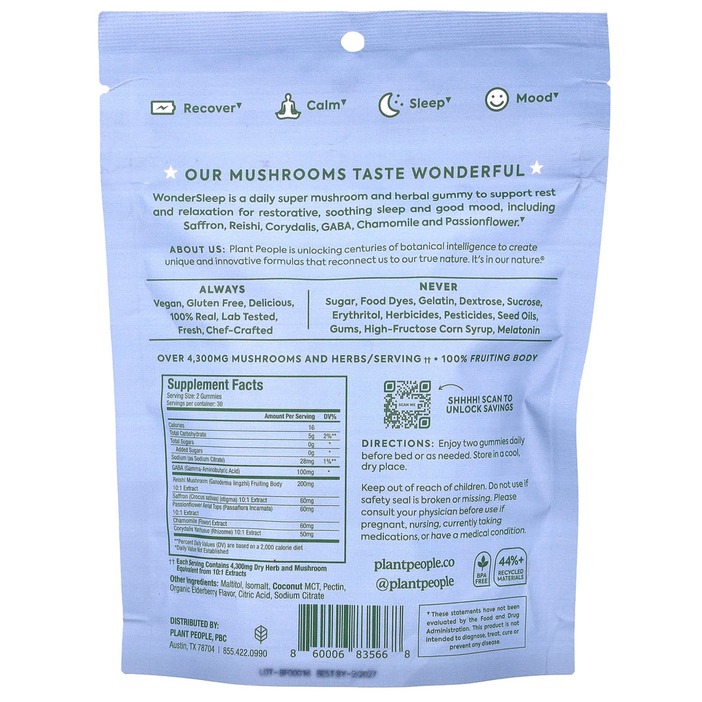Plant People, WonderSleep®, Mushroom Gummies, Wild Elderberry, 60 Gummies, 5.2 oz (148 g)