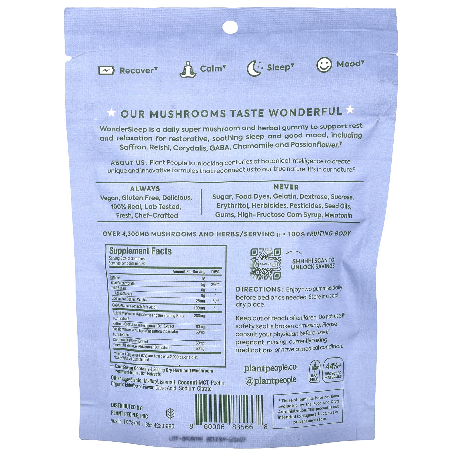 Plant People, WonderSleep®, Mushroom Gummies, Wild Elderberry, 60 Gummies, 5.2 oz (148 g)