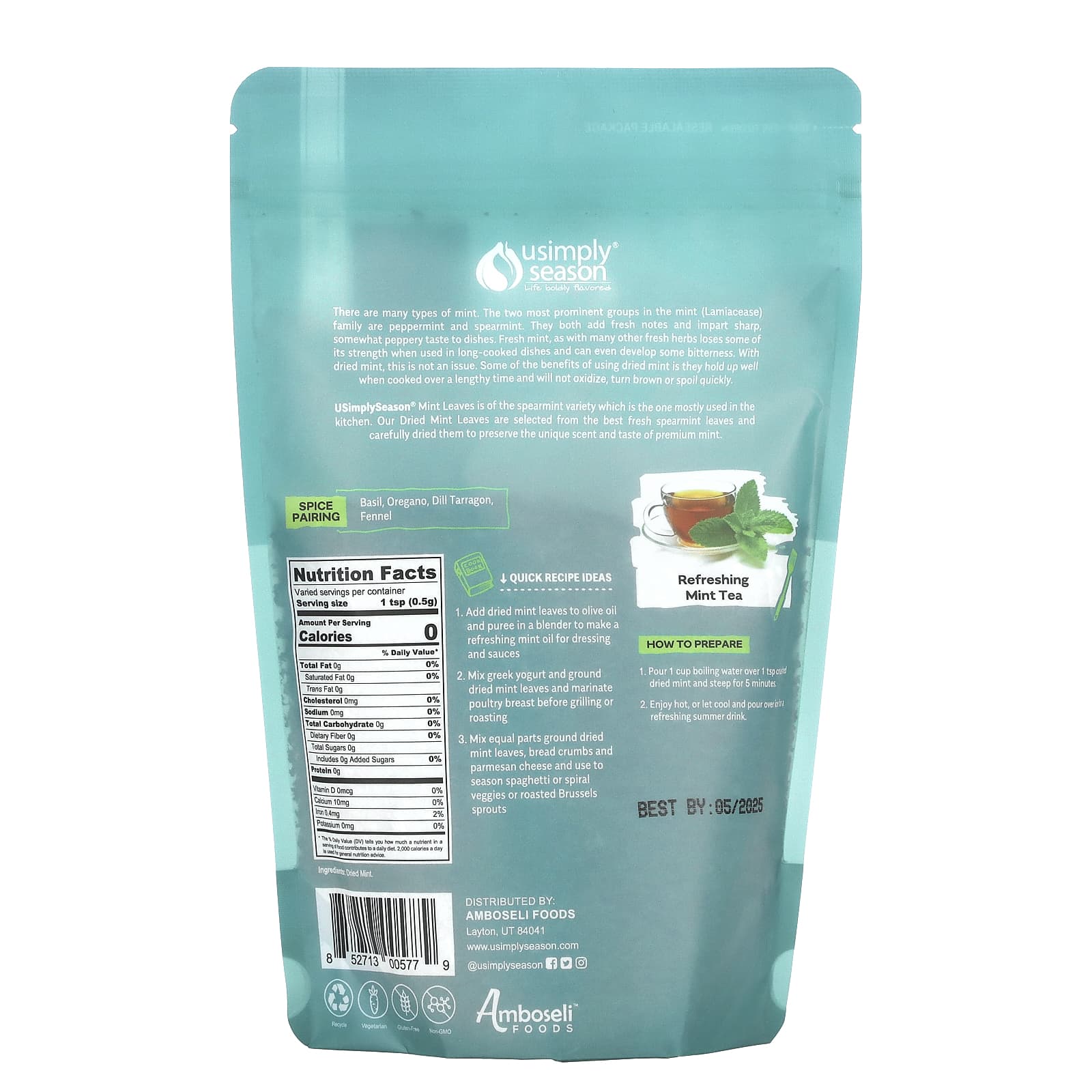 USimplySeason, Dried Herb, Mint, Cut & Sifted, 4 oz (113 g)
