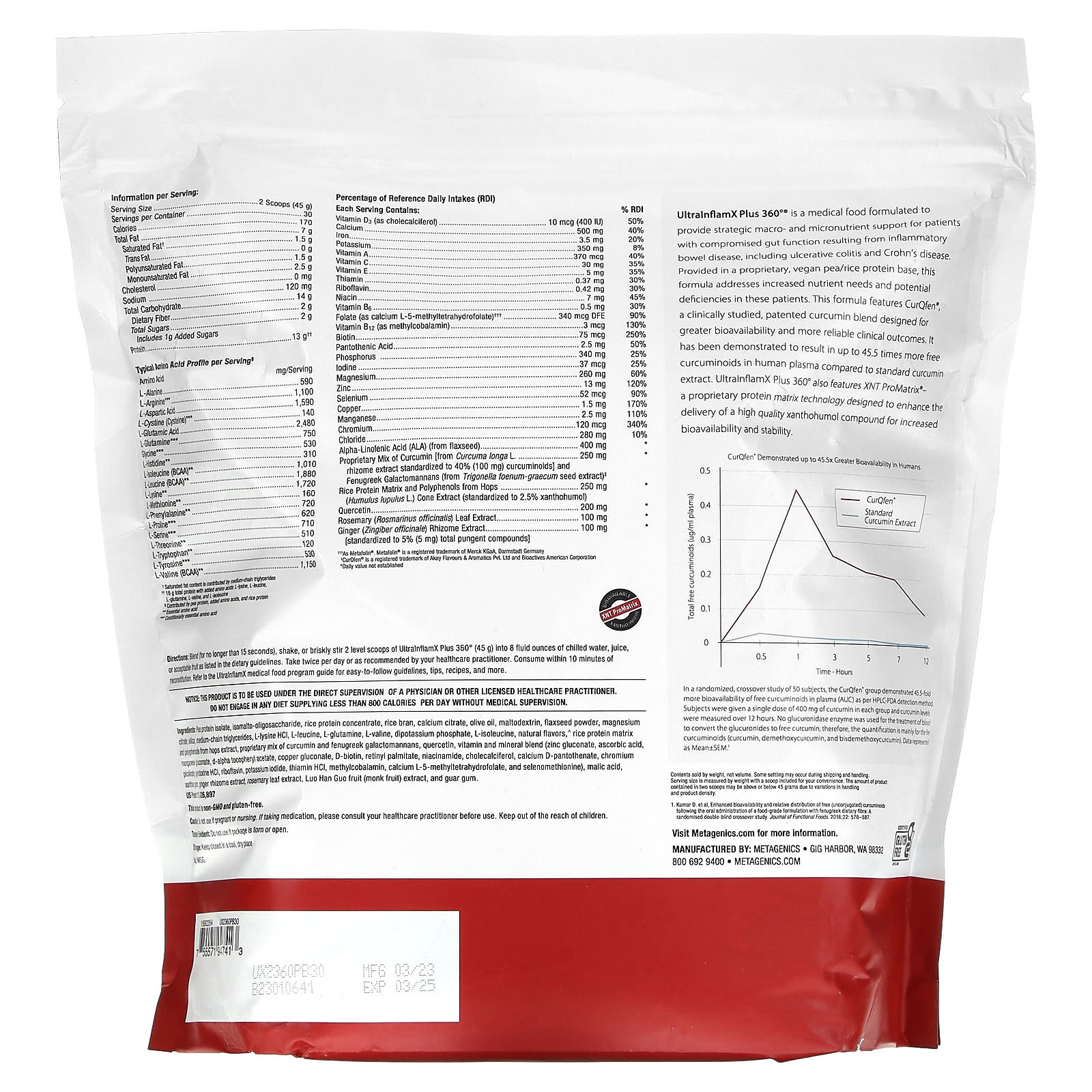 Metagenics, UltralnflamX Plus 360°, Medical Food, Pineapple Banana, 47.62 oz (1,350 g)