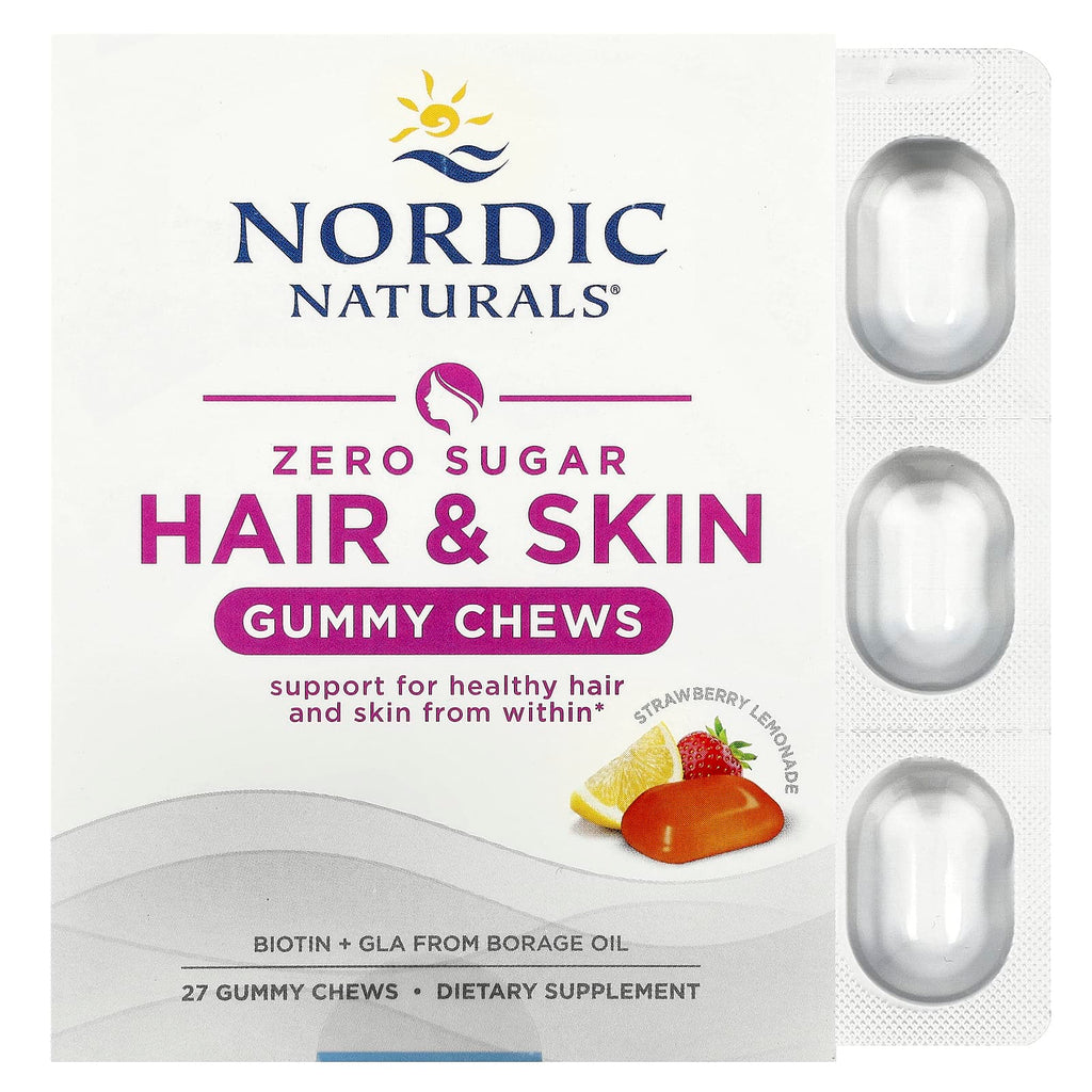 Nordic Naturals, Zero Sugar Hair & Skin Gummy Chews, Strawberry Lemonade, 27 Gummy Chews
