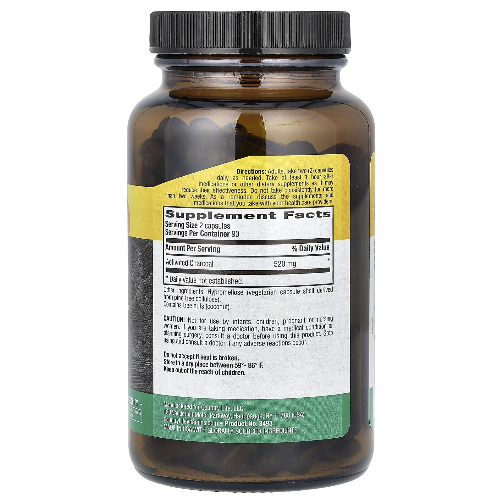 Country Life, Activated Charcoal, Coconut, 180 Vegan Capsules (260 mg per Capsule)