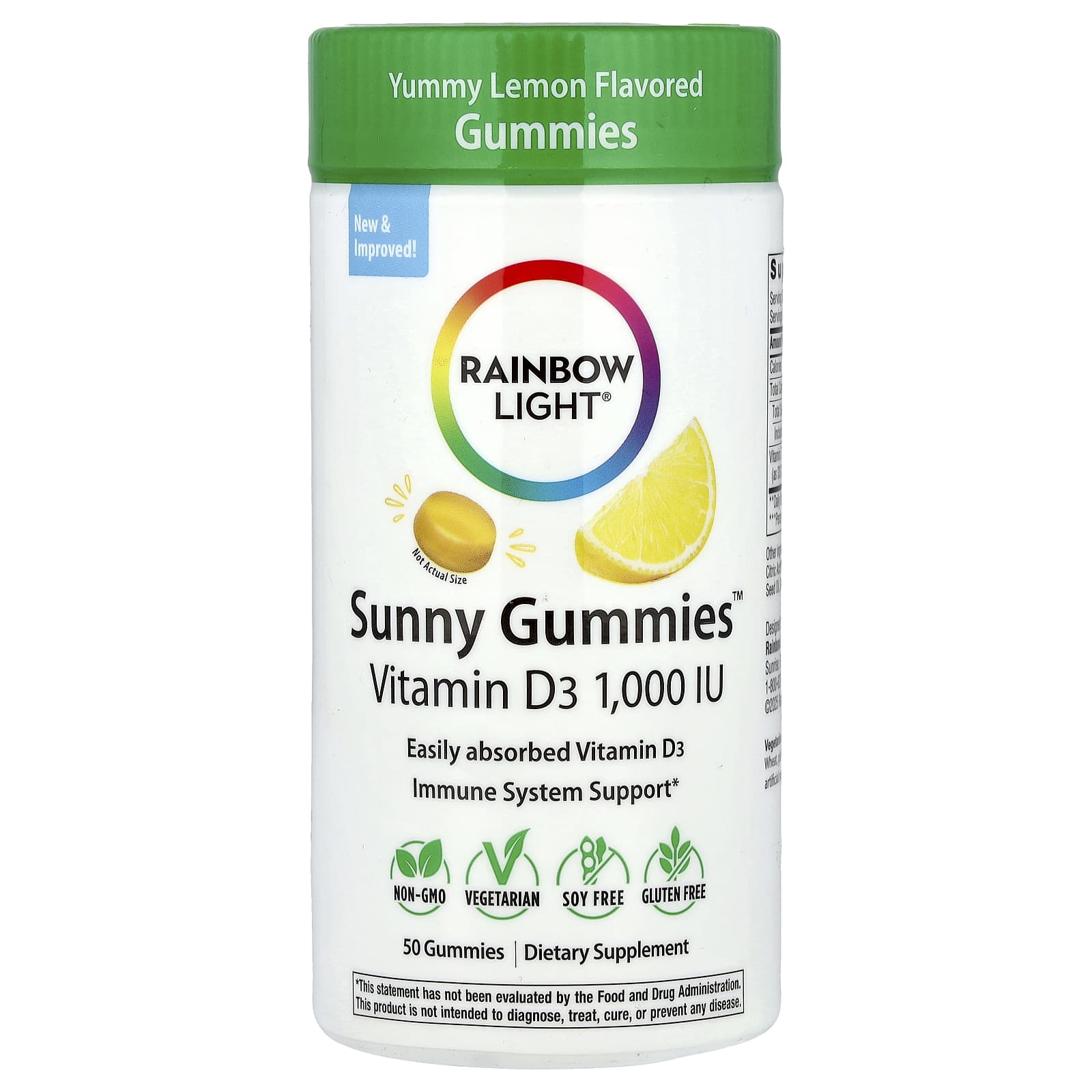Rainbow Light, Sunny Gummies™, Vitamin D3, Yummy Lemon, 25 mcg (1,000 IU), 50 Gummies
