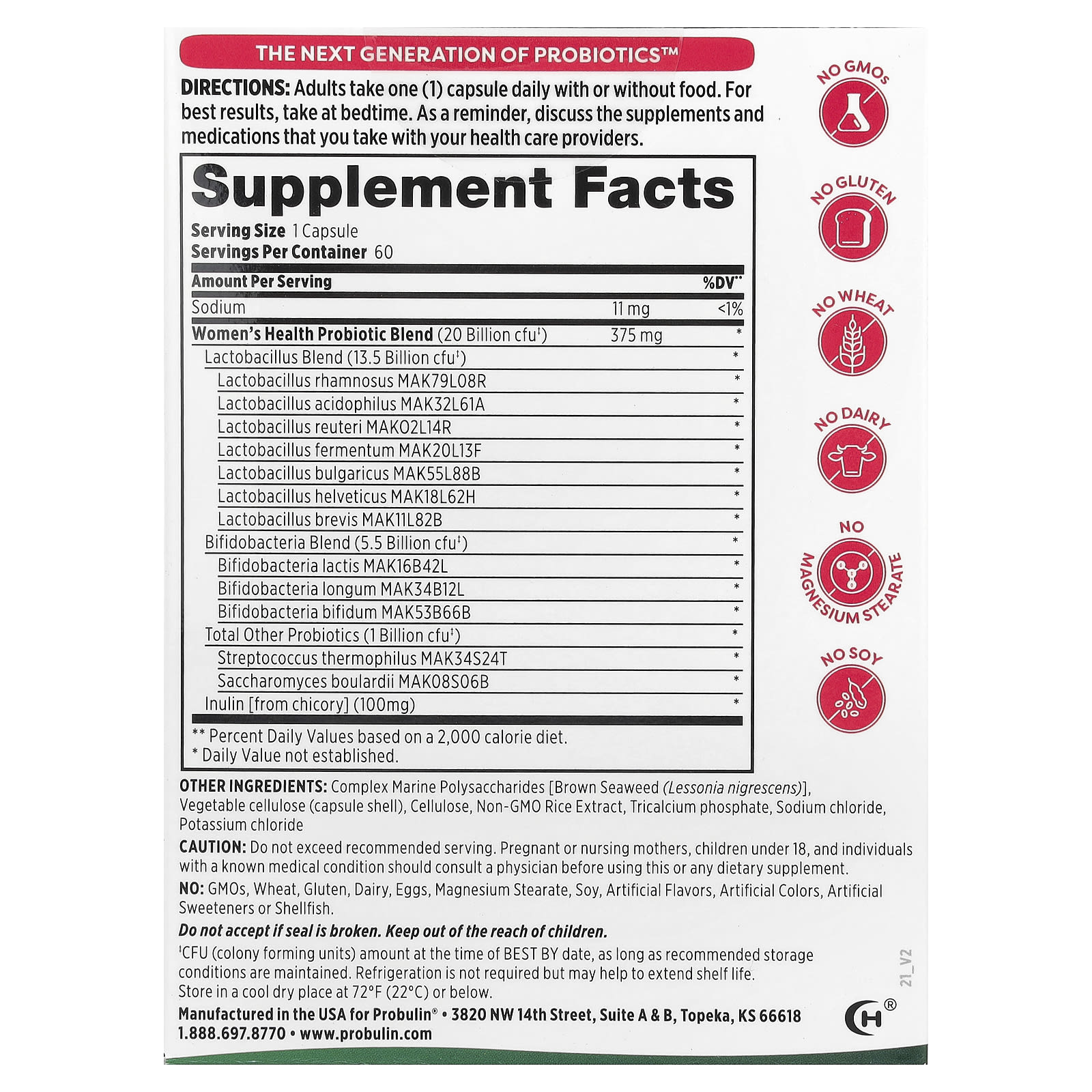 Probulin, Women's Health Probiotic, 20 Billion CFU, 60 Capsules