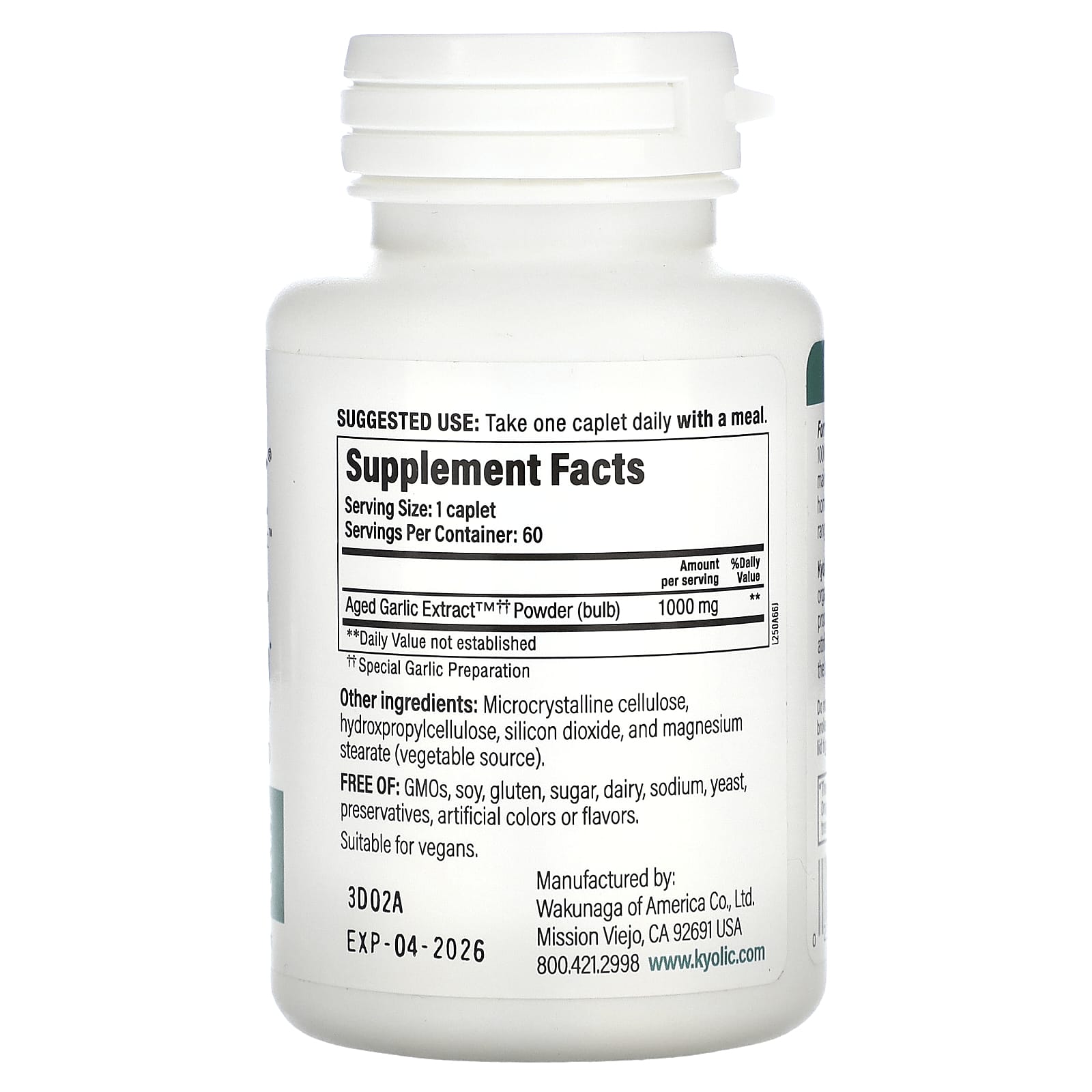 Kyolic, Aged Garlic Extract, Cardiovascular Health, One Per Day, Formula 250, 60 Vegan Caplets (1,000 mg per Capsule)