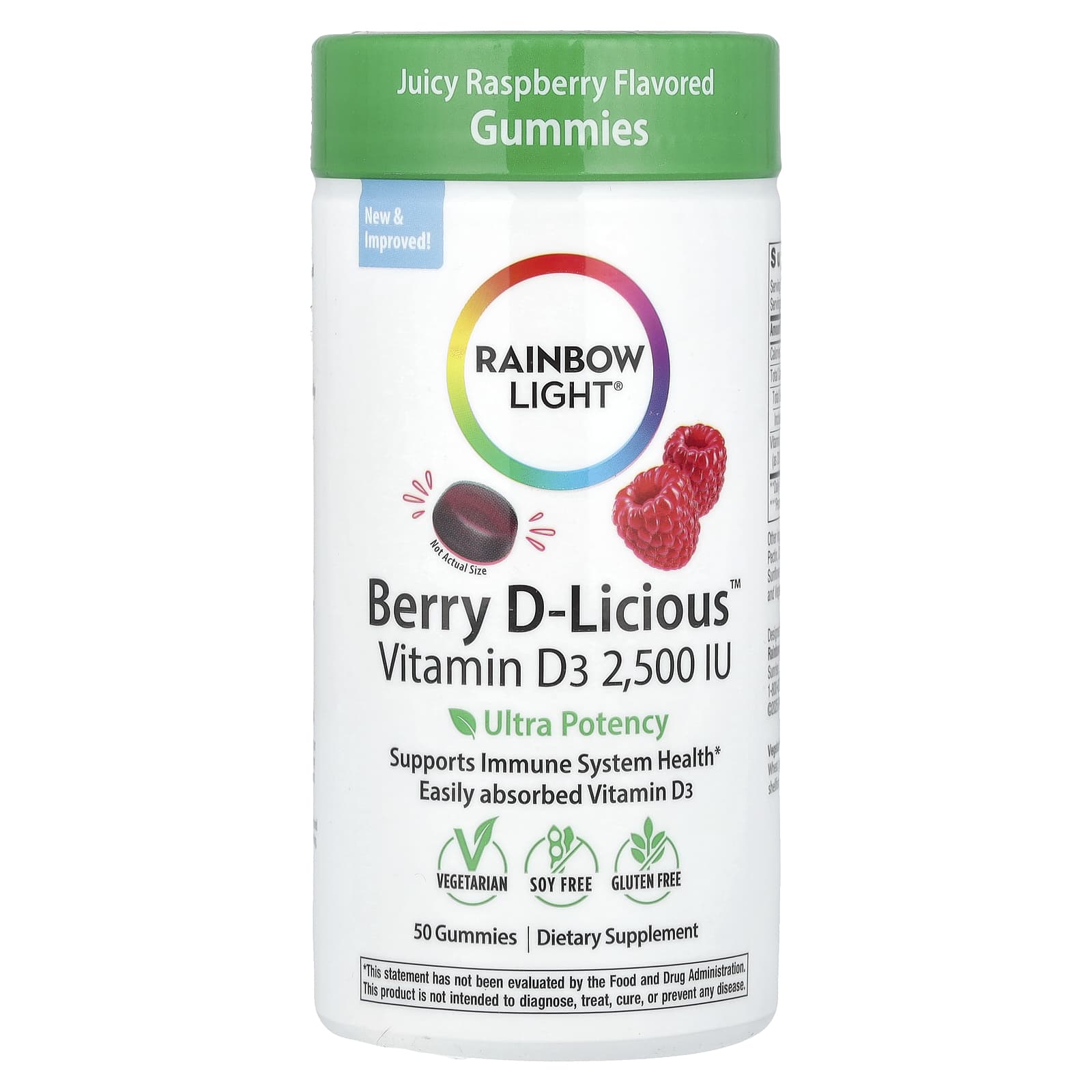 Rainbow Light, Berry D-Licious™, Vitamin D3, Juicy Raspberry, 62.5 mcg (2,500 IU), 50 Gummies