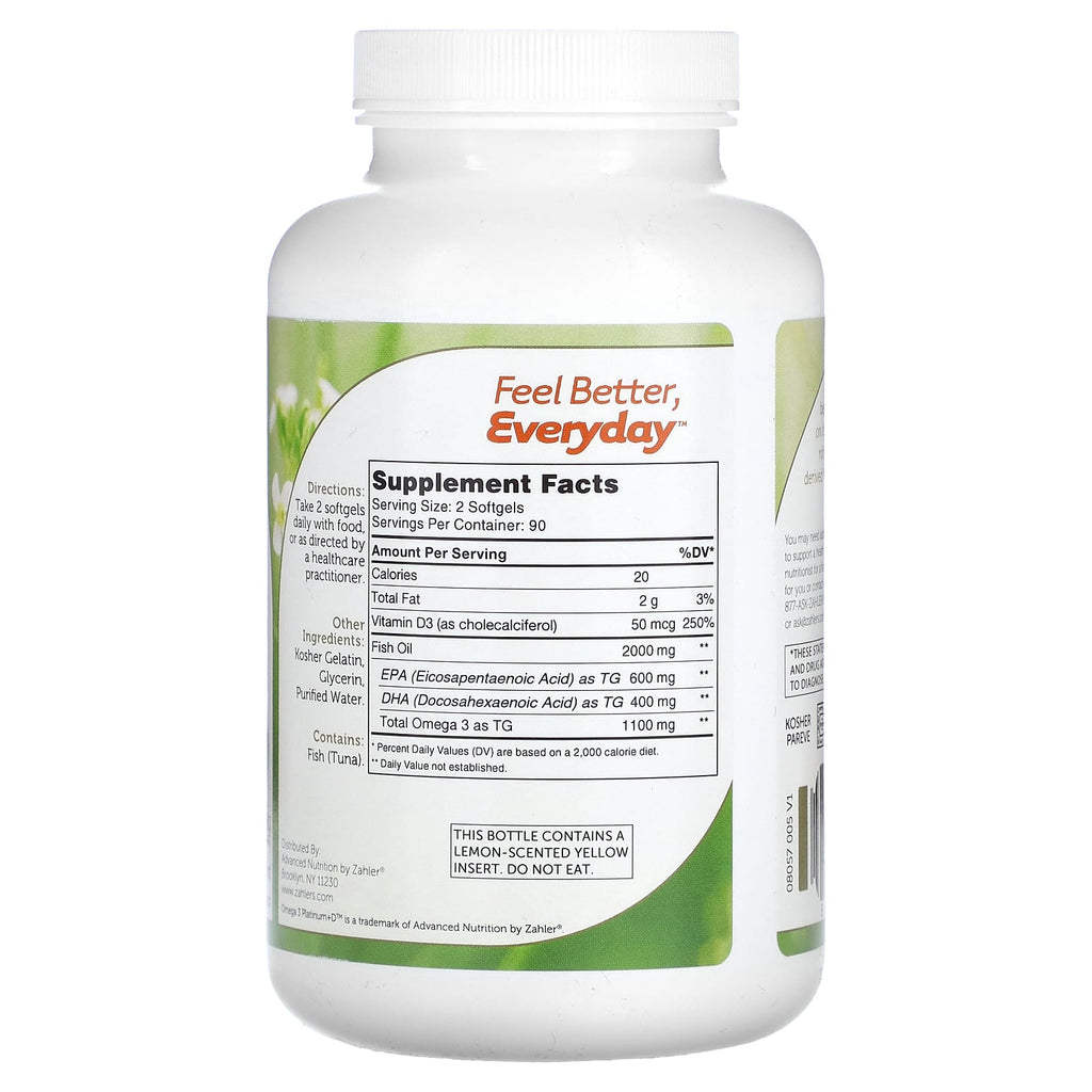 Zahler, Omega 3 Platinum+D, Advanced Omega 3 Fish Oil + Vitamin D3, 180 Softgels