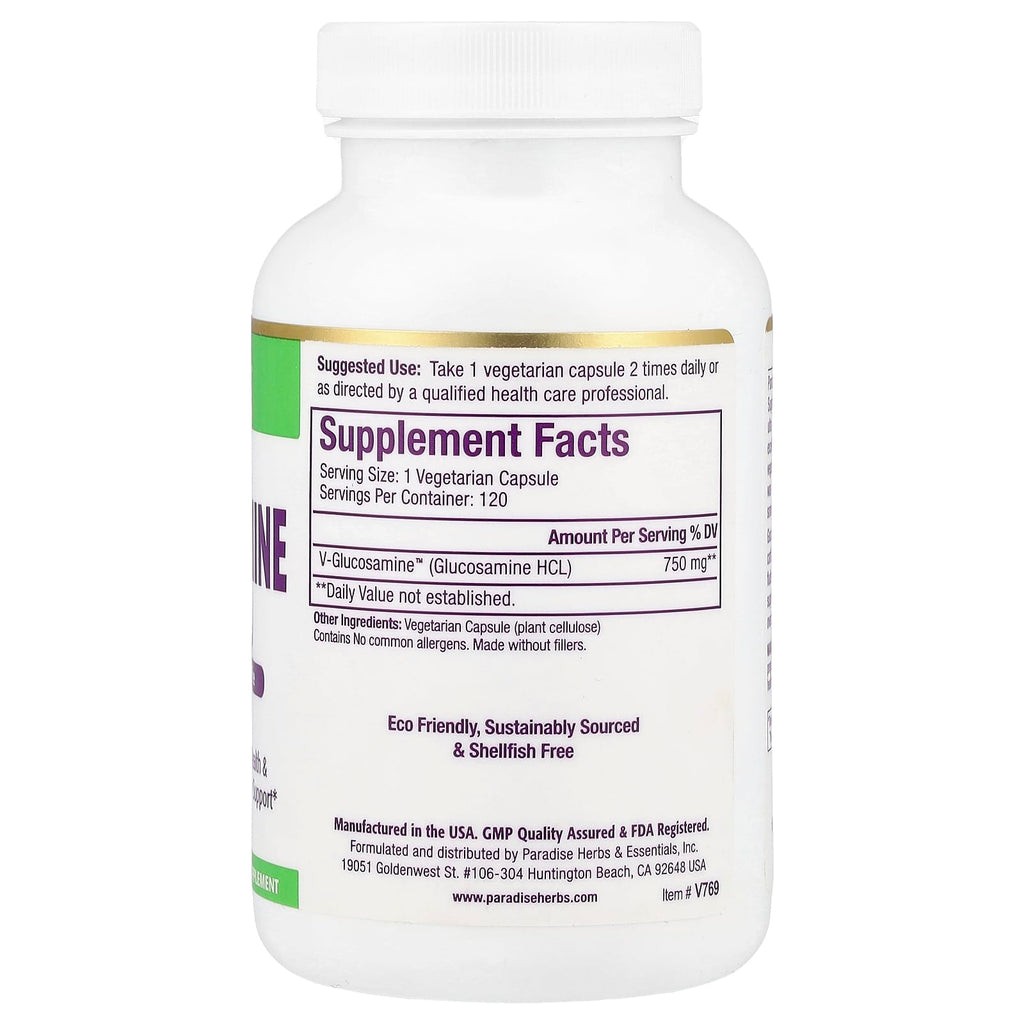 Paradise Herbs, V-Glucosamine, Plant Based, 120 Vegetarian Capsules (750 mg per Capsule)