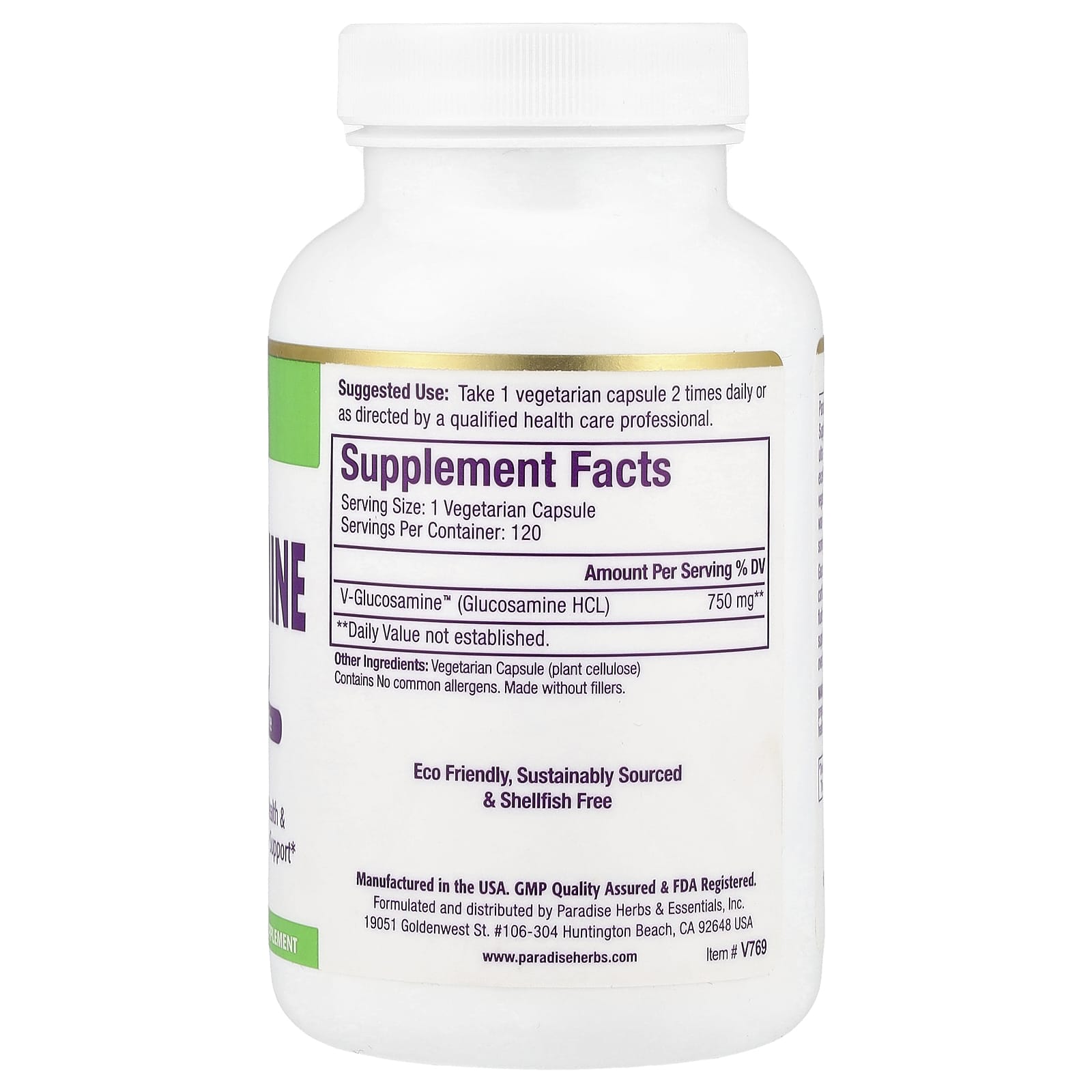 Paradise Herbs, V-Glucosamine, Plant Based, 120 Vegetarian Capsules (750 mg per Capsule)