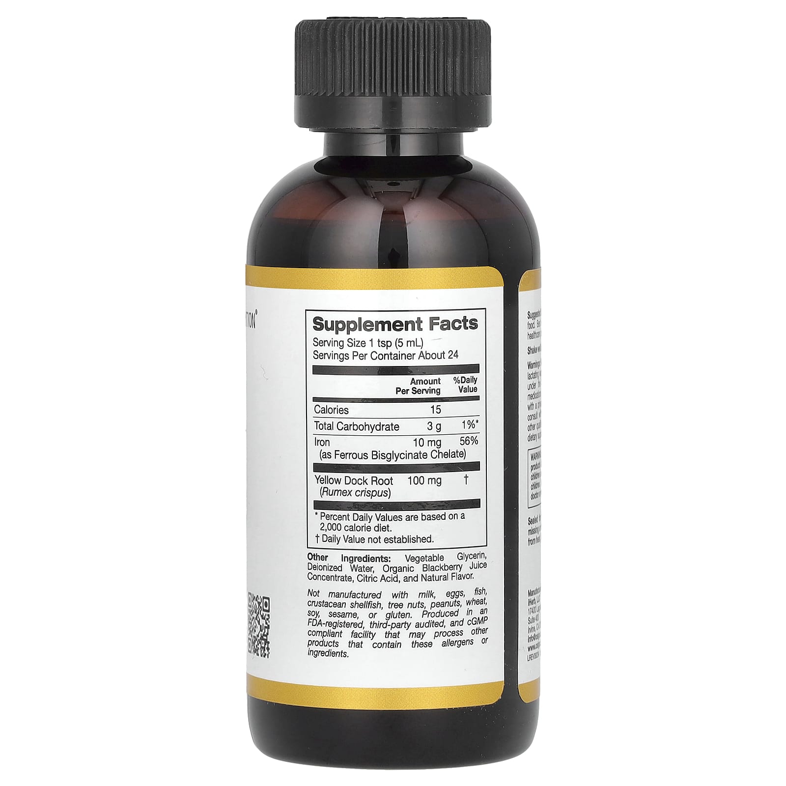California Gold Nutrition, Iron, as Ferrous Bisglycinate Chelate and Yellow Dock Root, 4 fl oz (118 ml)