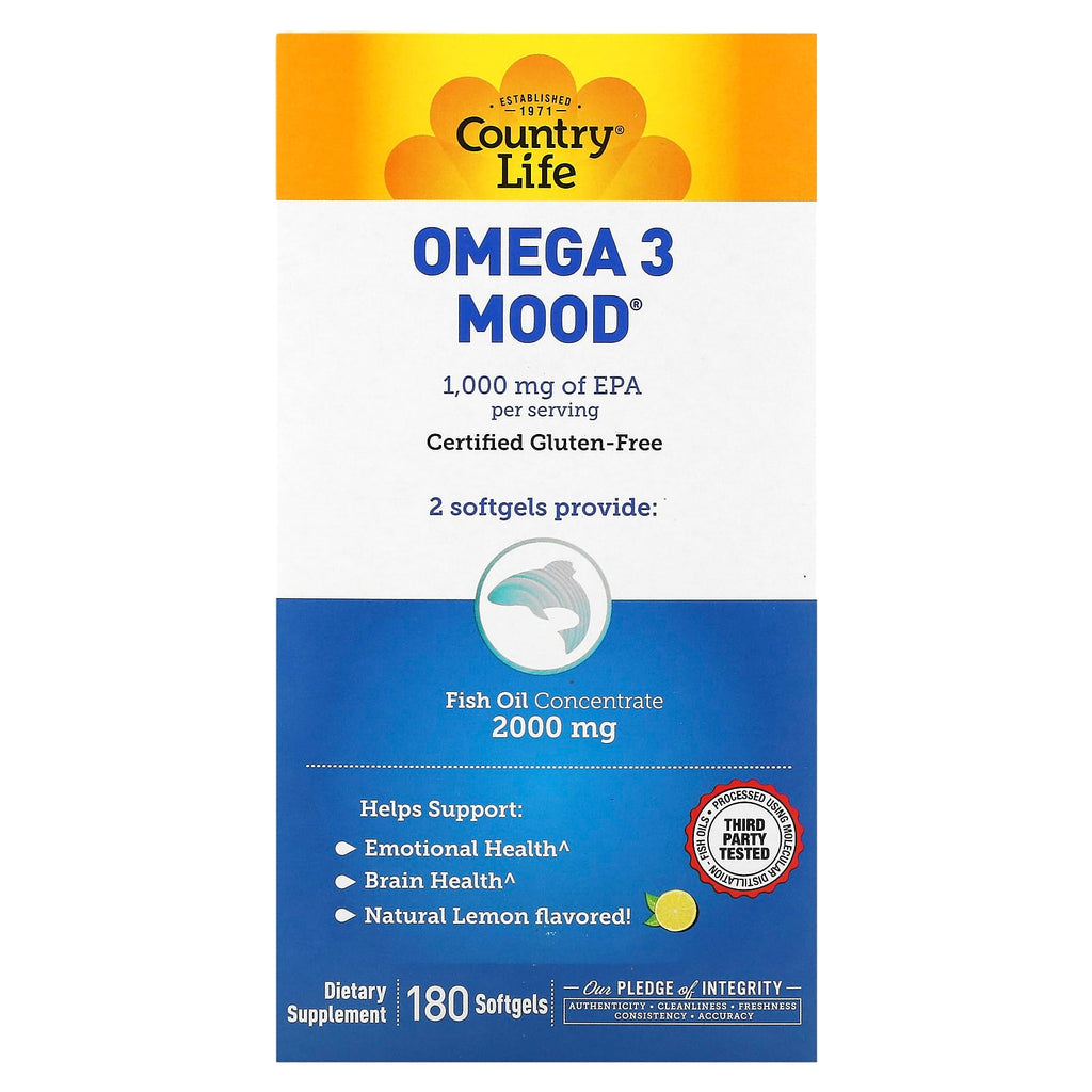 Country Life, Omega 3 Mood, Natural Lemon, 180 Softgels