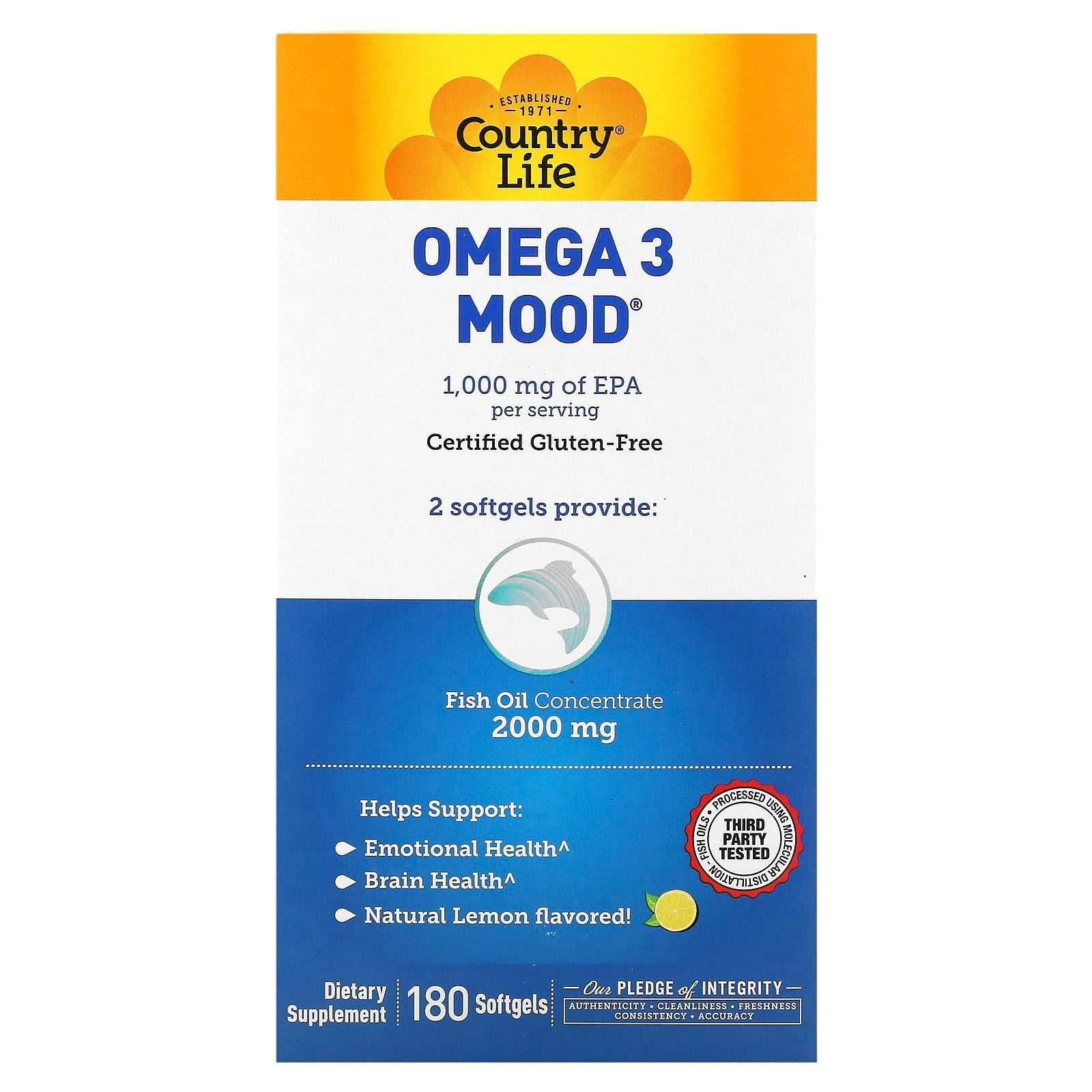 Country Life, Omega 3 Mood, Natural Lemon, 180 Softgels
