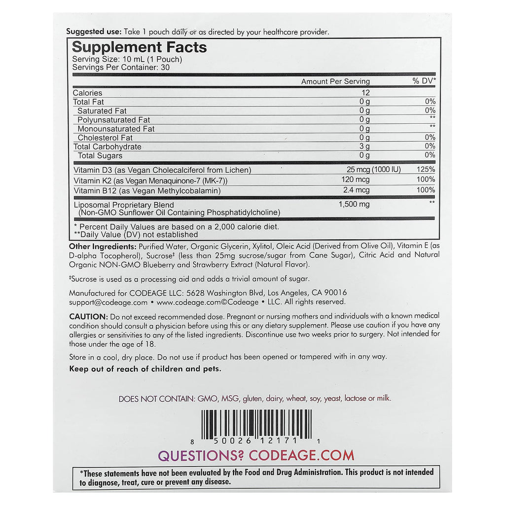 Codeage, Nanofood, Liposomal D3+K2+B12, Mixed Berry, 30 Pouches, 0.3 fl oz (10 ml) Each