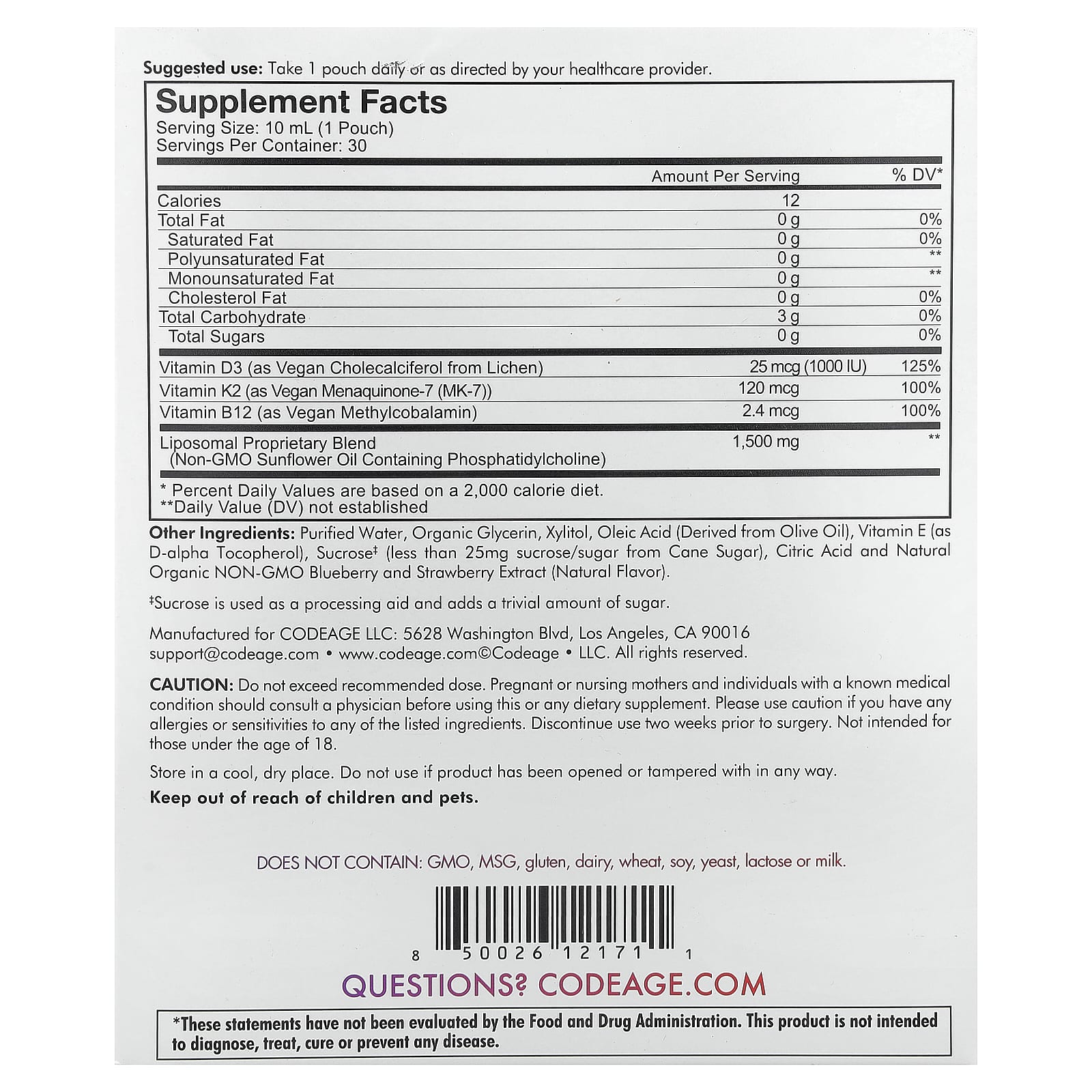 Codeage, Nanofood, Liposomal D3+K2+B12, Mixed Berry, 30 Pouches, 0.3 fl oz (10 ml) Each